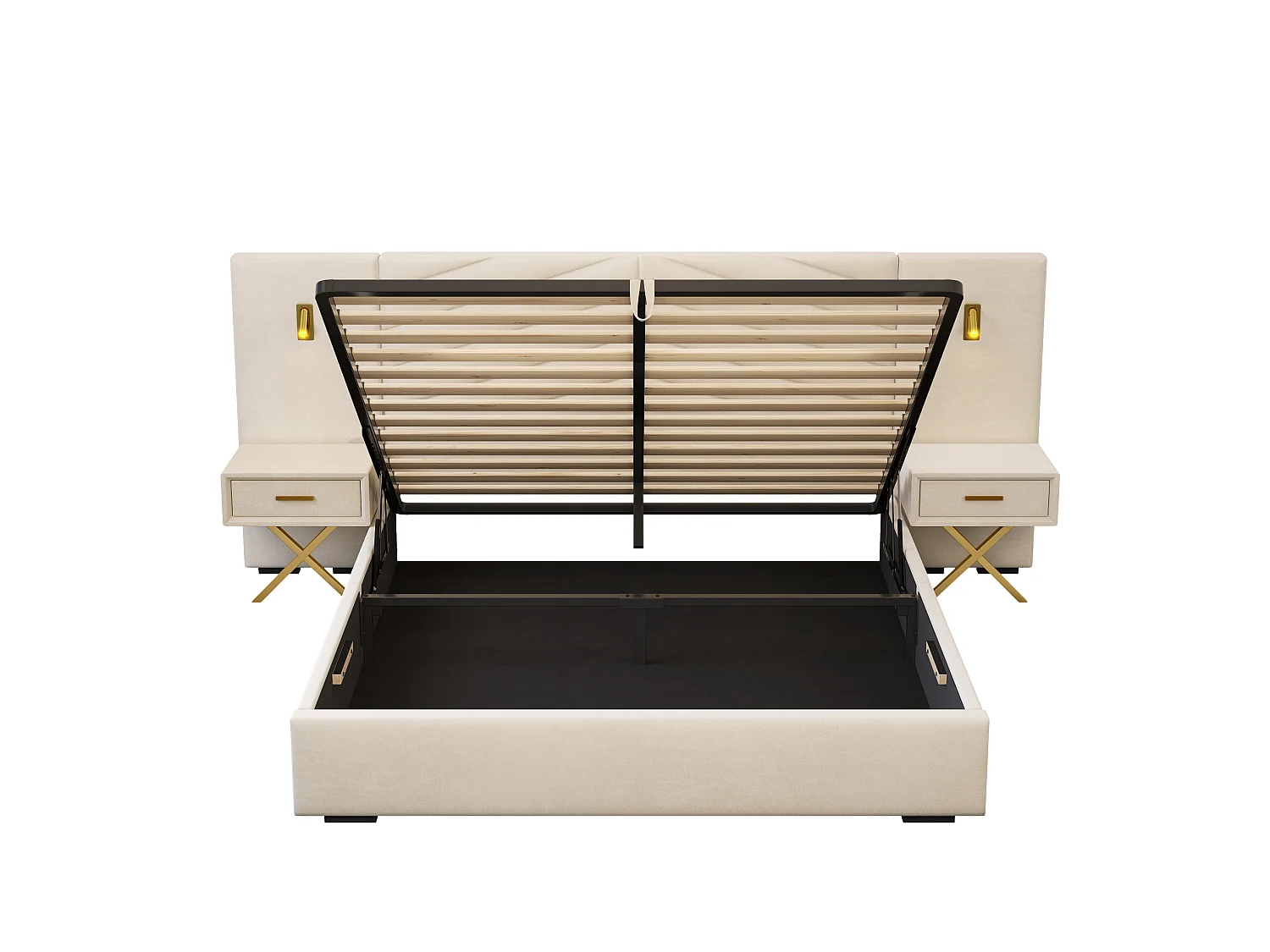 Cama con almacenamiento 160x200 cm con 2 mesitas de noche, LED y somier ajustable, madera en beige y blanco, colchón no incluido