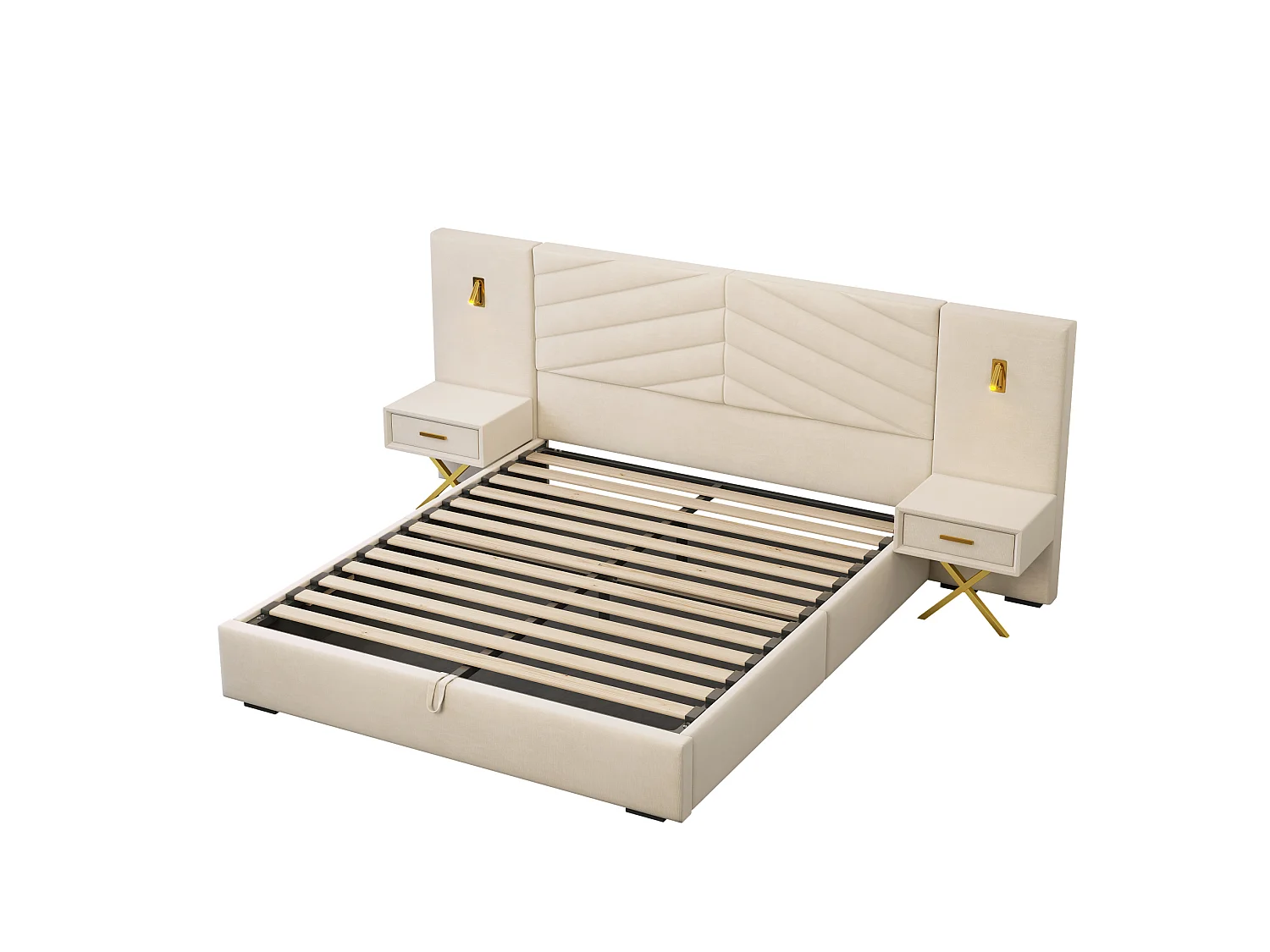 Cama con almacenamiento 160x200 cm con 2 mesitas de noche, LED y somier ajustable, madera en beige y blanco, colchón no incluido