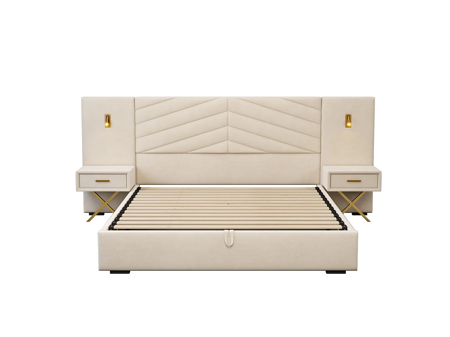 Cama con almacenamiento 160x200 cm con 2 mesitas de noche, LED y somier ajustable, madera en beige y blanco, colchón no incluido