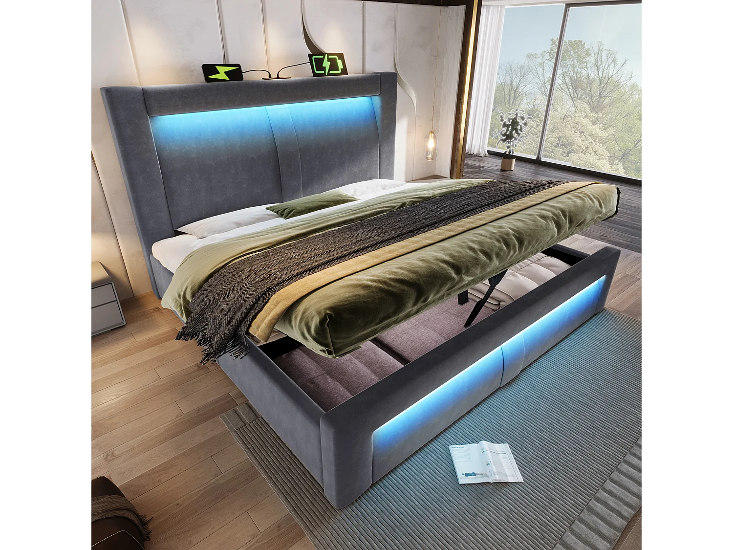 Letto contenitore in velluto 160x200 cm con LED, vano contenitore e porte USB e Type-C, grigio, materasso non incluso