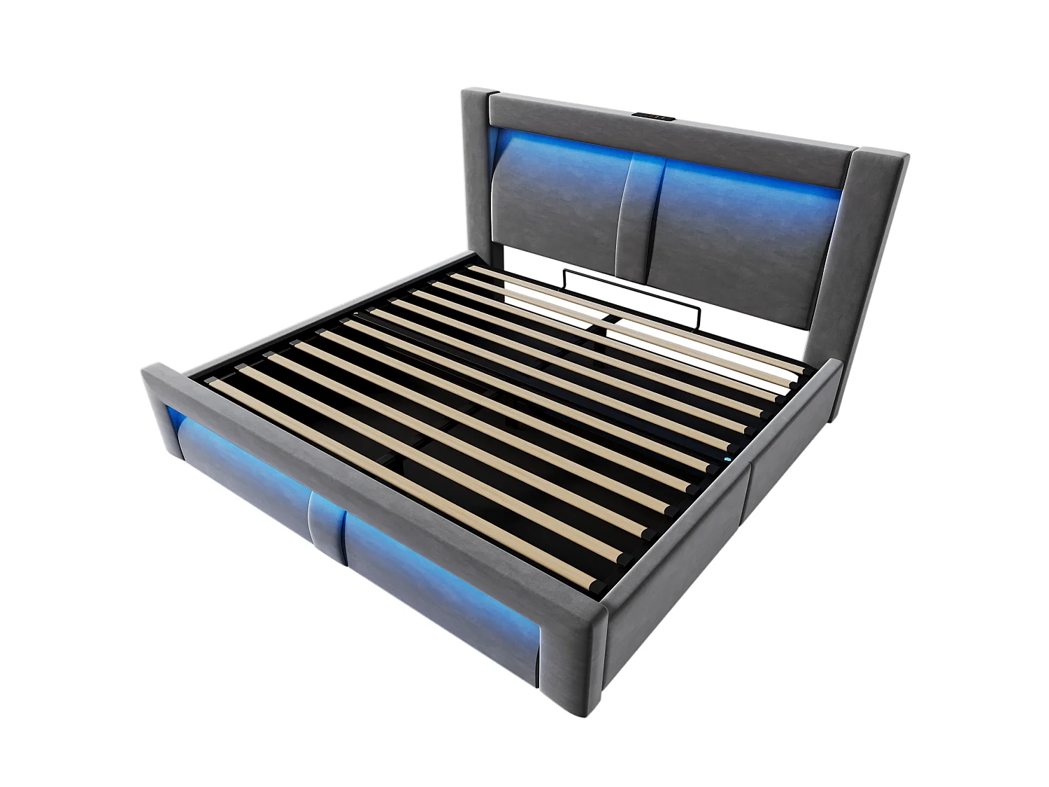 Letto contenitore in velluto 160x200 cm con LED, vano contenitore e porte USB e Type-C, grigio, materasso non incluso