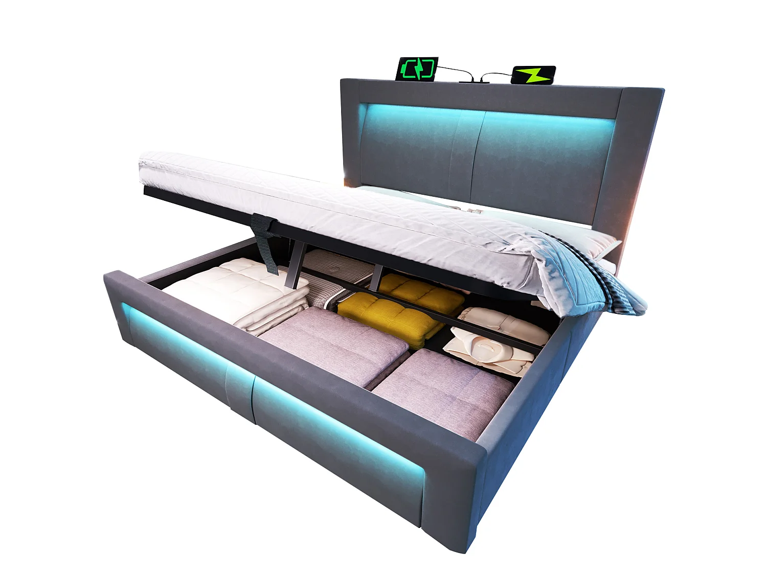 Letto contenitore in velluto 160x200 cm con LED, vano contenitore e porte USB e Type-C, grigio, materasso non incluso