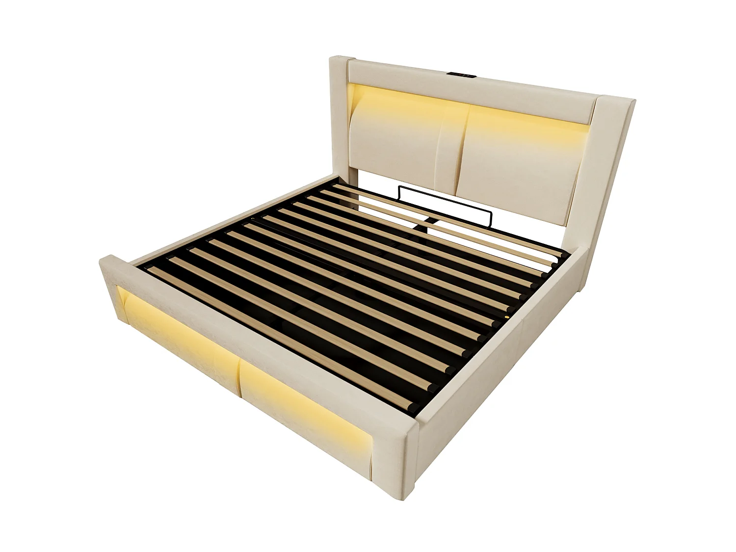 Letto contenitore in velluto 140x200 cm con LED e porte USB e Type-C, beige, materasso non incluso