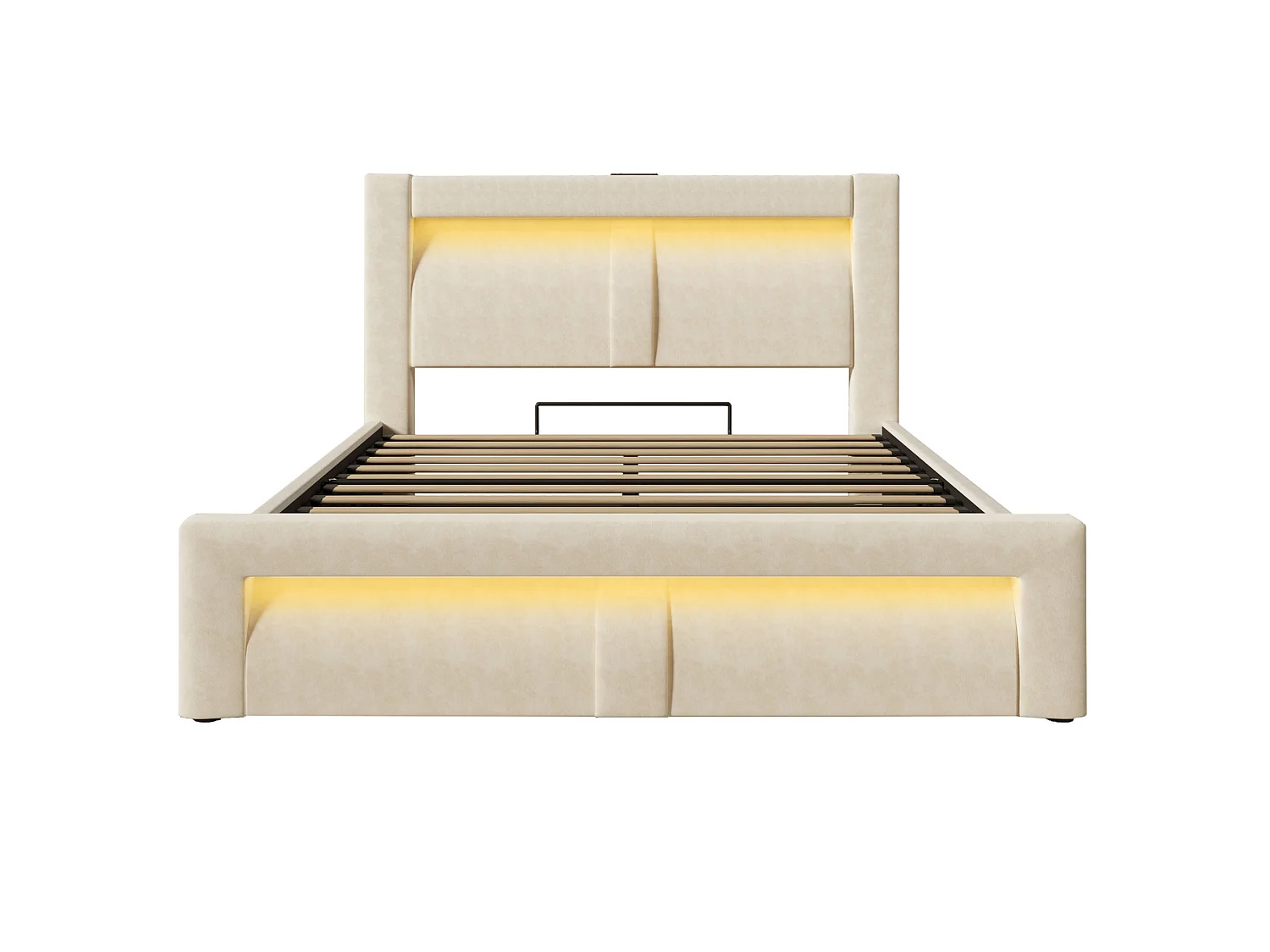 Letto contenitore in velluto 140x200 cm con LED e porte USB e Type-C, beige, materasso non incluso