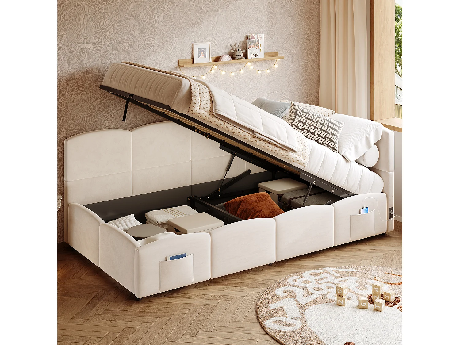 Lit coffre 90x190 cm avec rangement hydraulique et ports USB et Type-C, en velours, beige, sans matelas