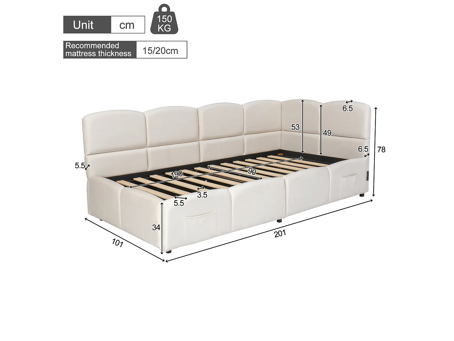 Lit coffre 90x190 cm avec rangement hydraulique et ports USB et Type-C, en velours, beige, sans matelas