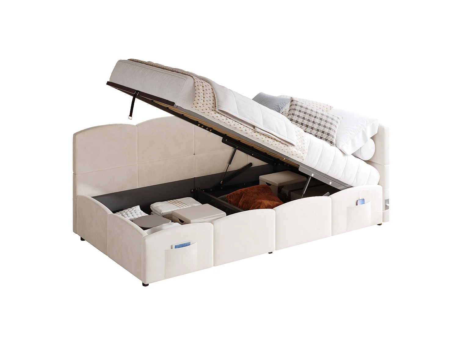 Lit coffre 90x190 cm avec rangement hydraulique et ports USB et Type-C, en velours, beige, sans matelas
