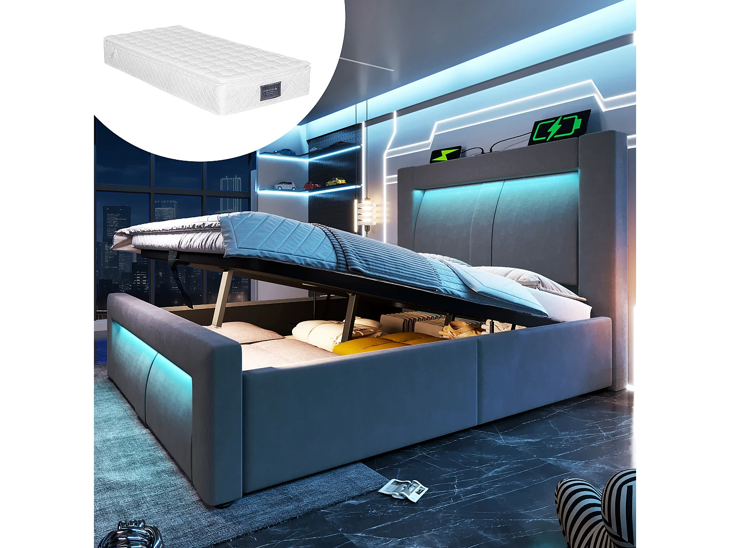 Letto contenitore in velluto 90x200 cm con vano contenitore, LED e porte USB e Type-C, grigio, materasso incluso