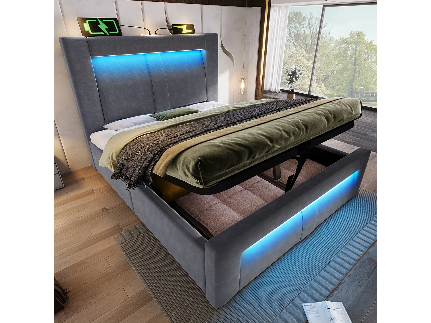 Letto contenitore in velluto 90x200 cm con vano contenitore, LED e porte USB e Type-C, grigio, materasso incluso