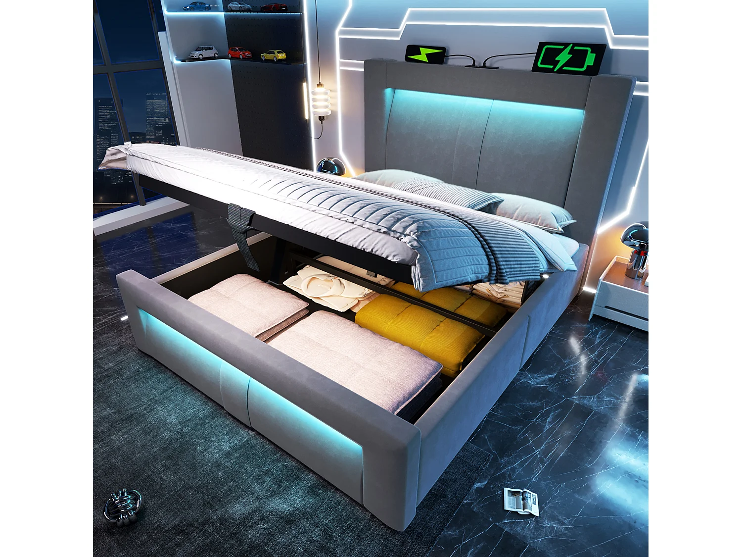 Letto contenitore in velluto 90x200 cm con vano contenitore, LED e porte USB e Type-C, grigio, materasso incluso
