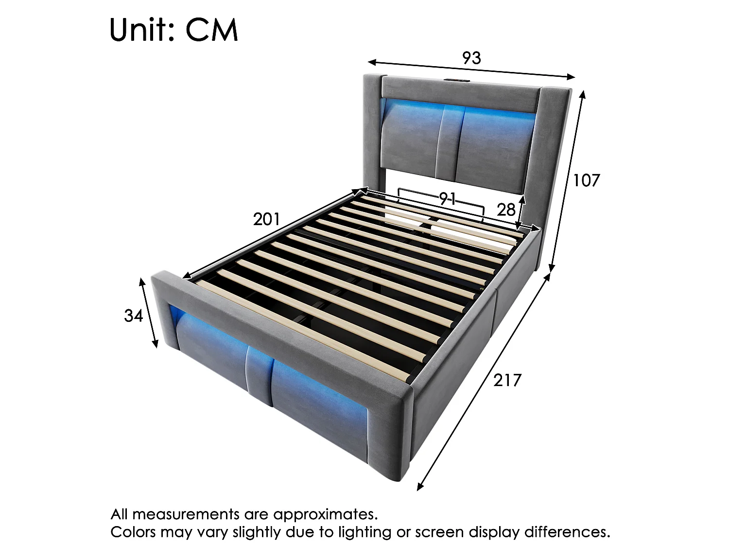 Letto contenitore in velluto 90x200 cm con vano contenitore, LED e porte USB e Type-C, grigio, materasso incluso