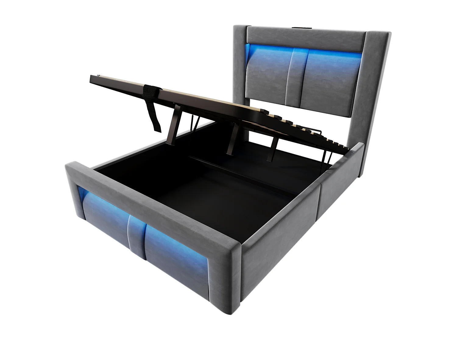Letto contenitore in velluto 90x200 cm con vano contenitore, LED e porte USB e Type-C, grigio, materasso incluso