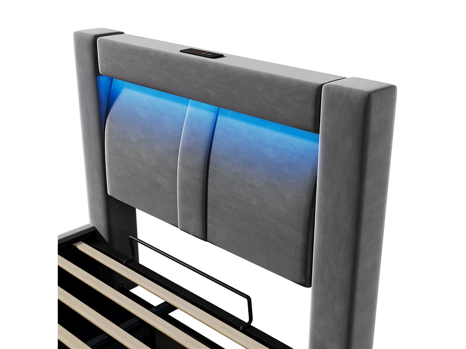 Letto contenitore in velluto 90x200 cm con vano contenitore, LED e porte USB e Type-C, grigio, materasso incluso