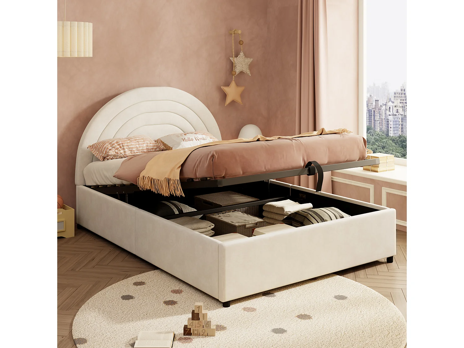 Lit coffre pour enfant 140x190 cm avec rangement hydraulique, tête de lit, en velours, beige, sans matelas
