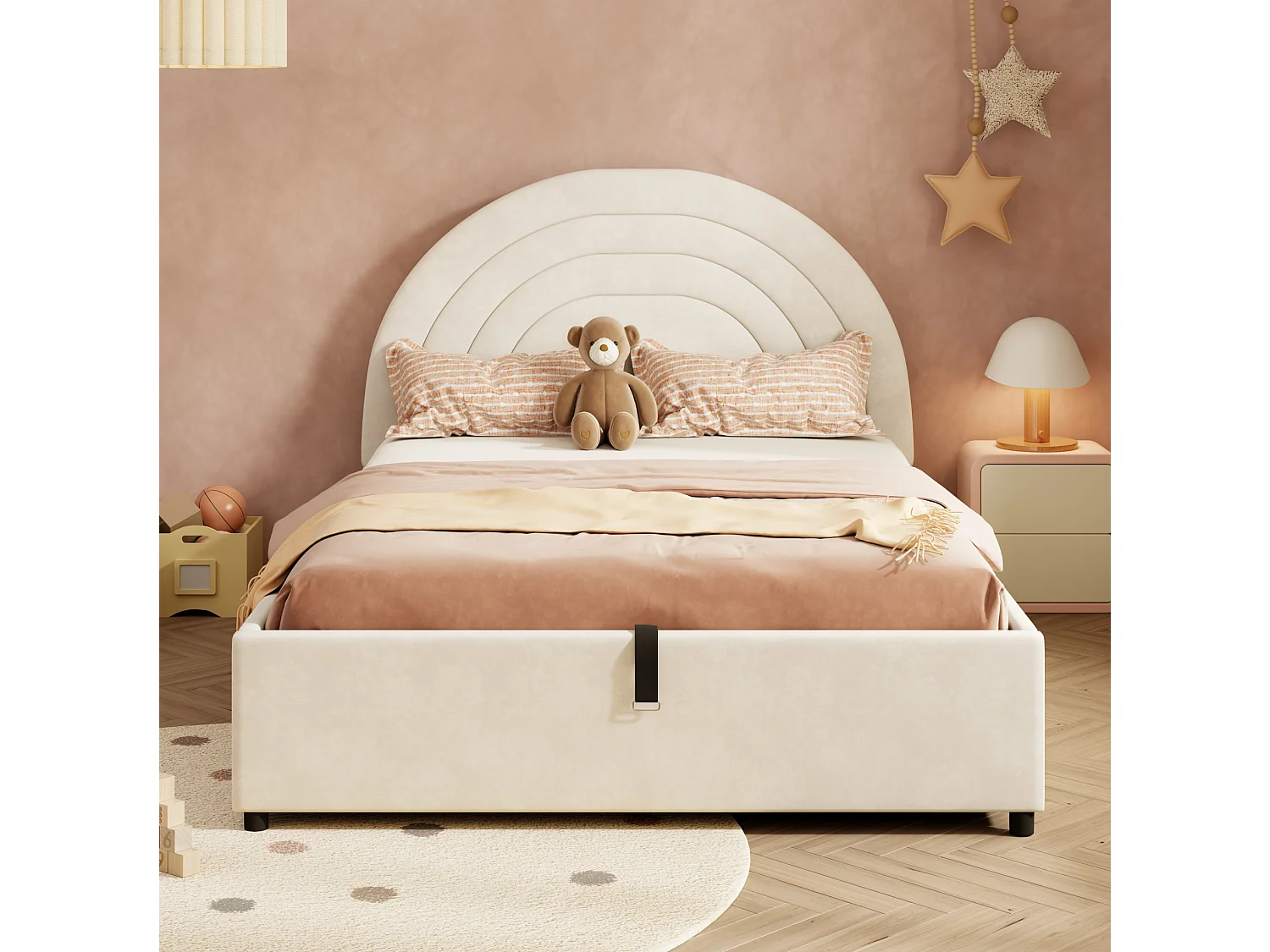 Lit coffre pour enfant 140x190 cm avec rangement hydraulique, tête de lit, en velours, beige, sans matelas