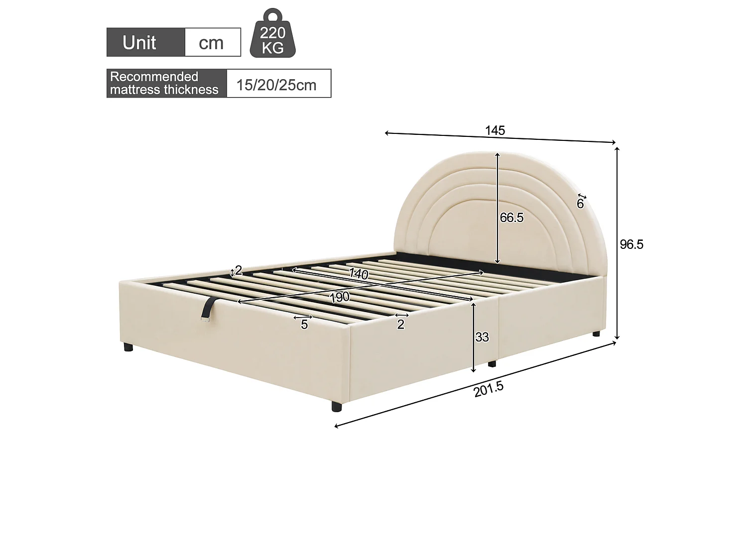 Lit coffre pour enfant 140x190 cm avec rangement hydraulique, tête de lit, en velours, beige, sans matelas