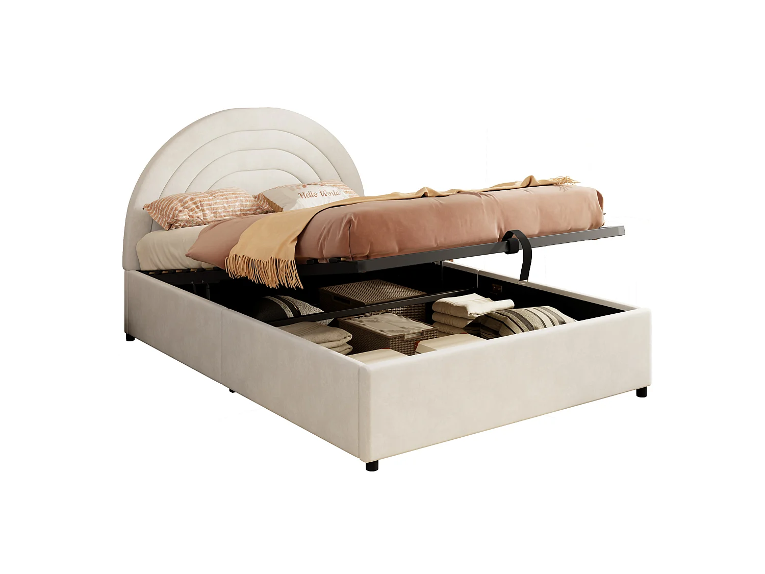 Lit coffre pour enfant 140x190 cm avec rangement hydraulique, tête de lit, en velours, beige, sans matelas