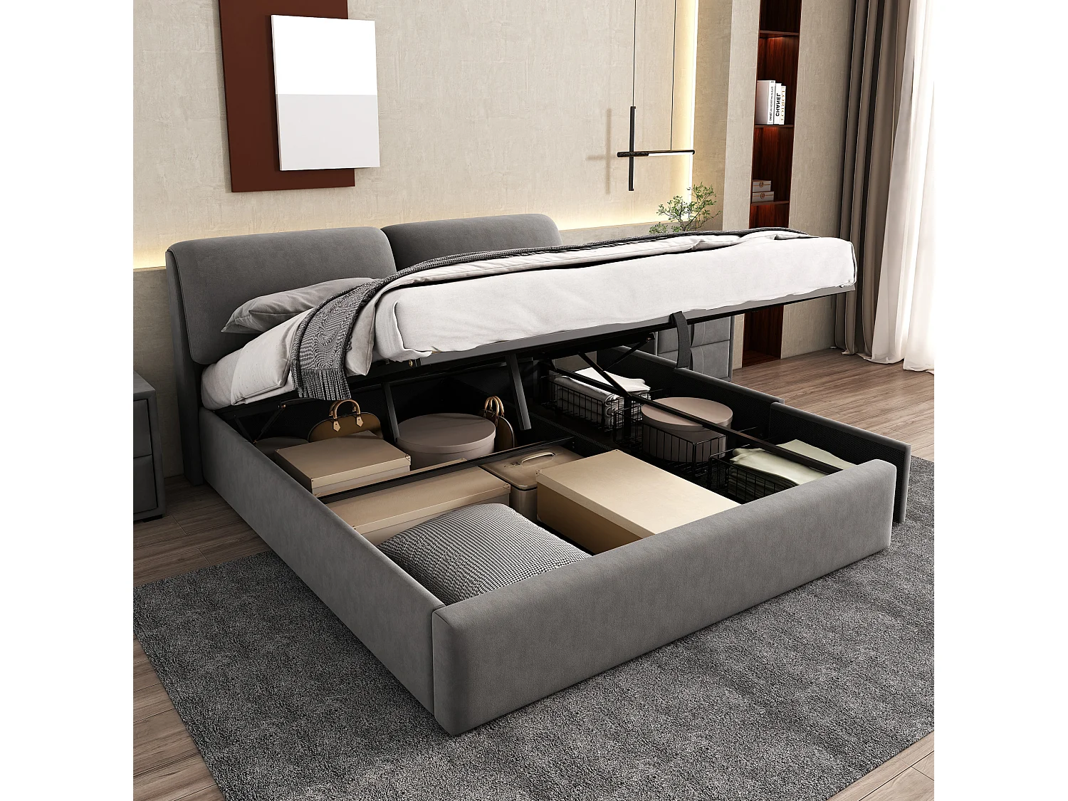 Letto contenitore 180x200 cm con 3 cassetti, vano contenitore e testiera regolabile, in velluto grigio, materasso non incluso