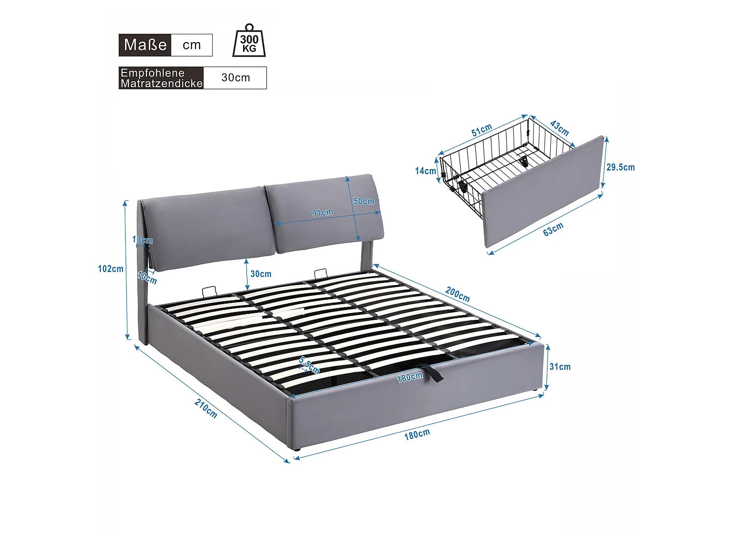 Letto contenitore 180x200 cm con 3 cassetti, vano contenitore e testiera regolabile, in velluto grigio, materasso non incluso