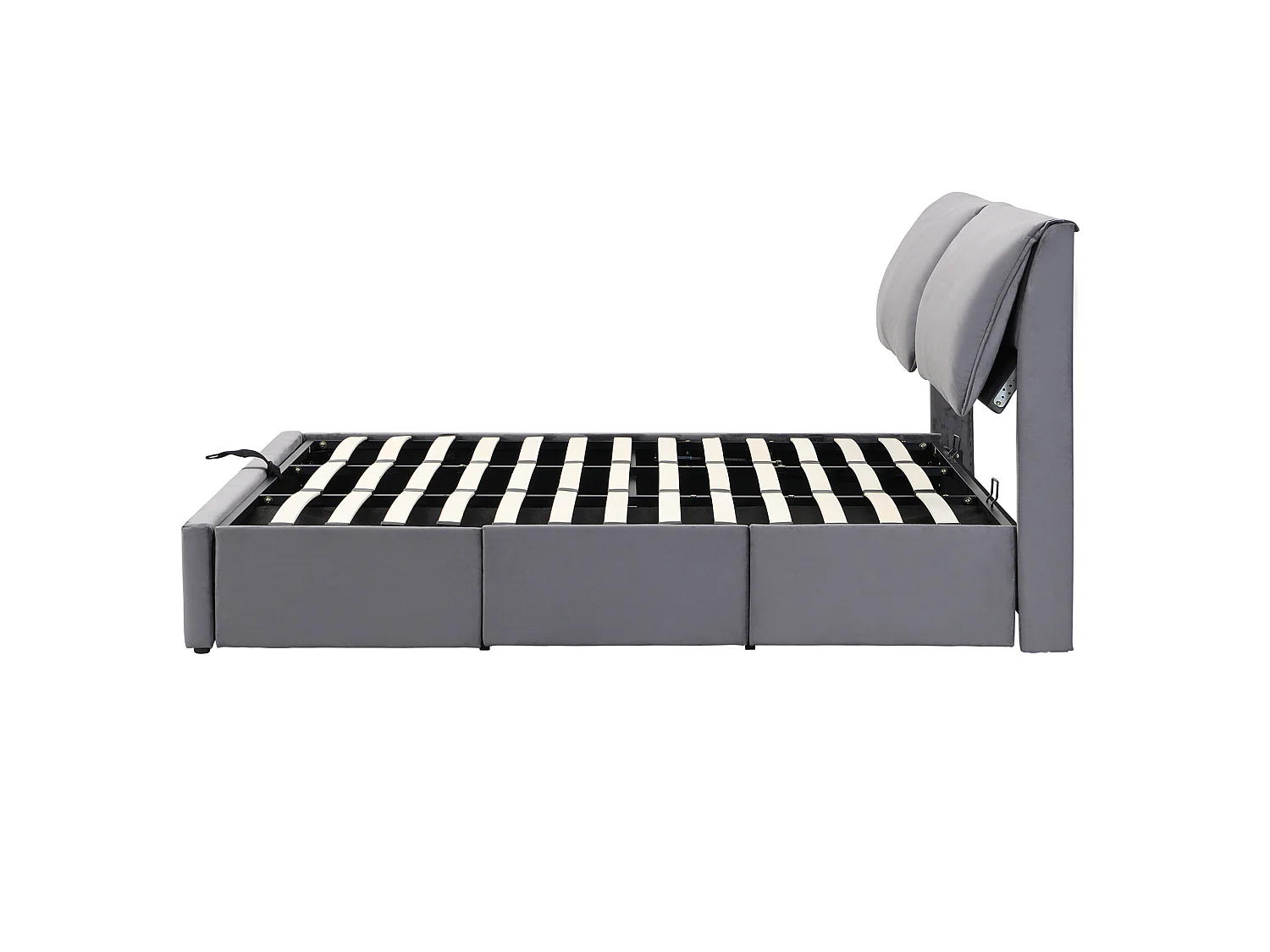 Letto contenitore 180x200 cm con 3 cassetti, vano contenitore e testiera regolabile, in velluto grigio, materasso non incluso
