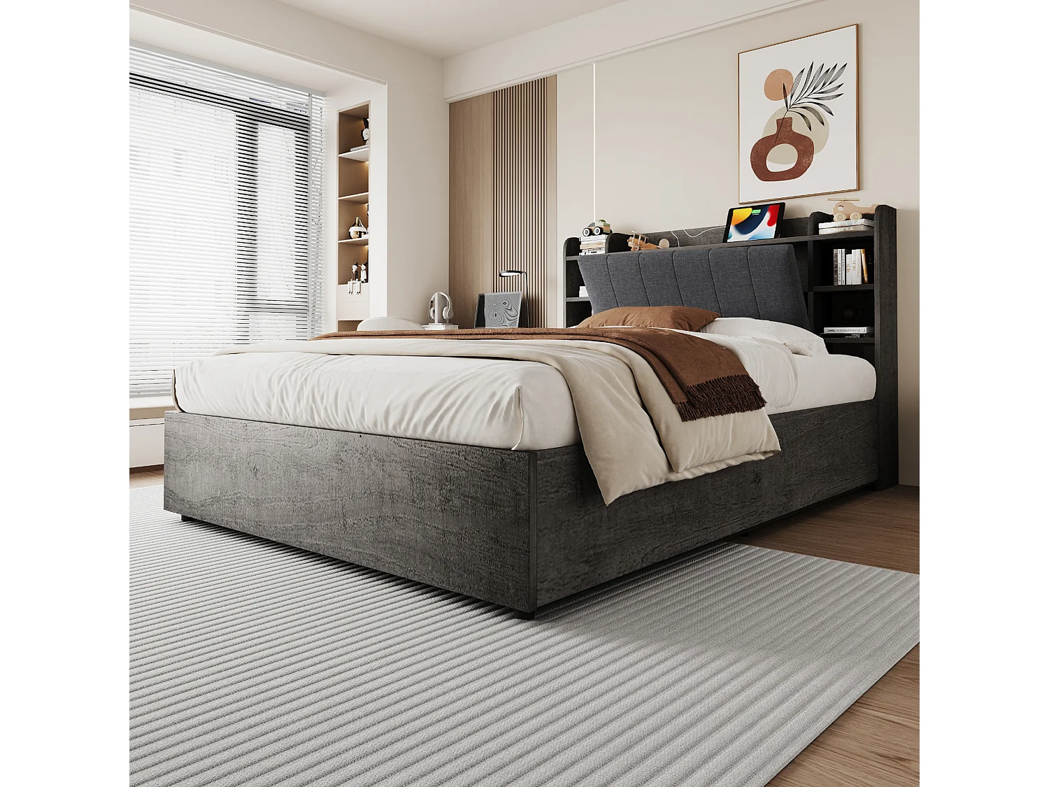Letto contenitore 180x200 cm con sollevamento idraulico, testiera con porte USB e Type-C, in legno, grigio, materasso non incluso