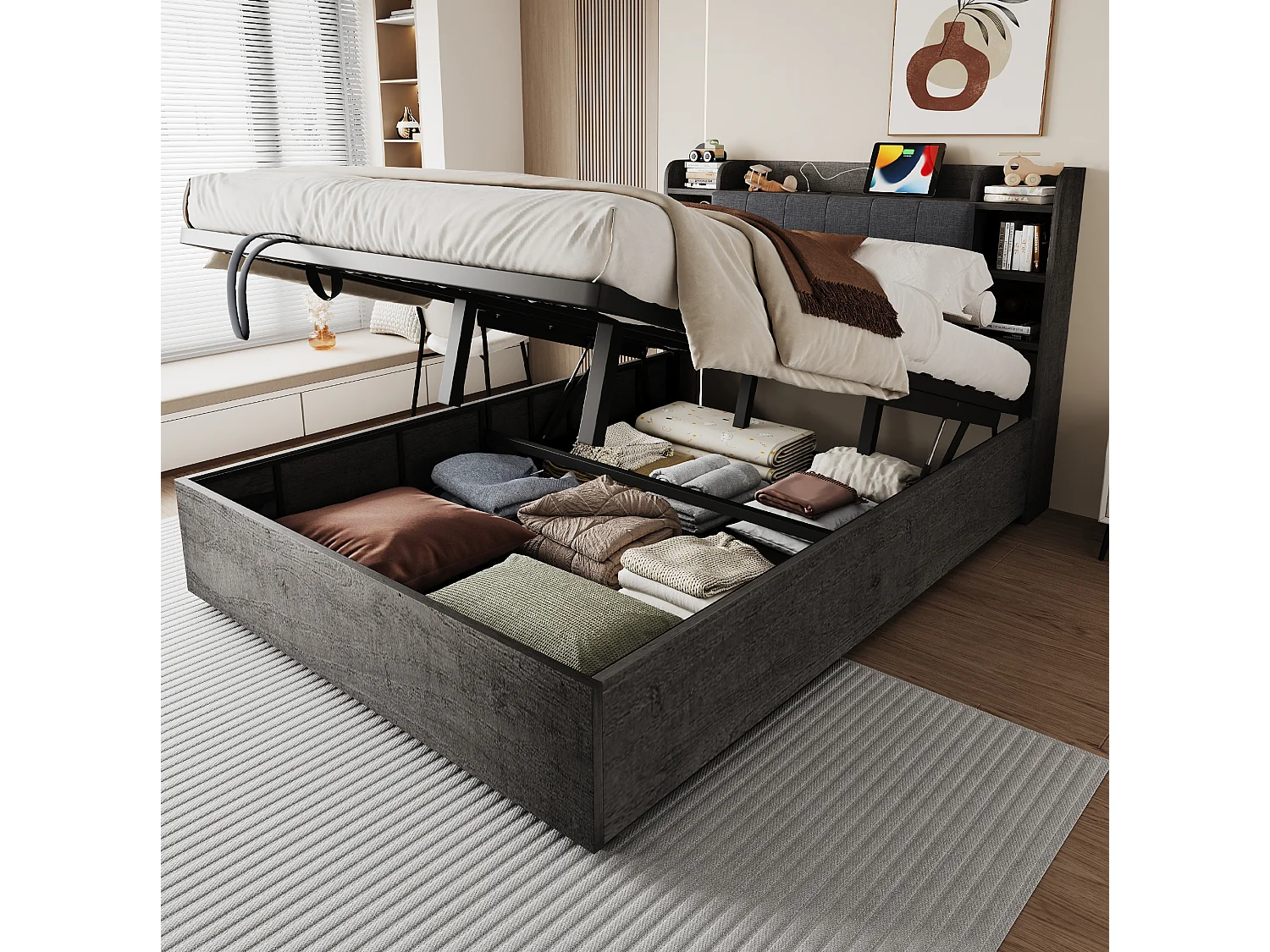 Letto contenitore 180x200 cm con sollevamento idraulico, testiera con porte USB e Type-C, in legno, grigio, materasso non incluso