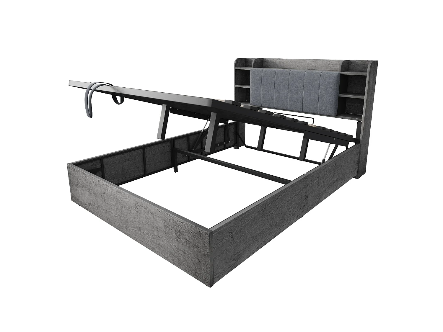 Letto contenitore 180x200 cm con sollevamento idraulico, testiera con porte USB e Type-C, in legno, grigio, materasso non incluso