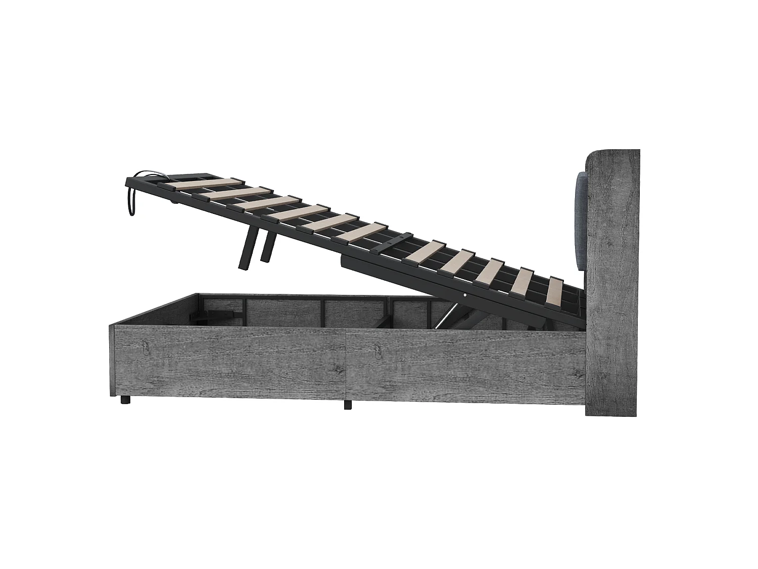 Letto contenitore 180x200 cm con sollevamento idraulico, testiera con porte USB e Type-C, in legno, grigio, materasso non incluso