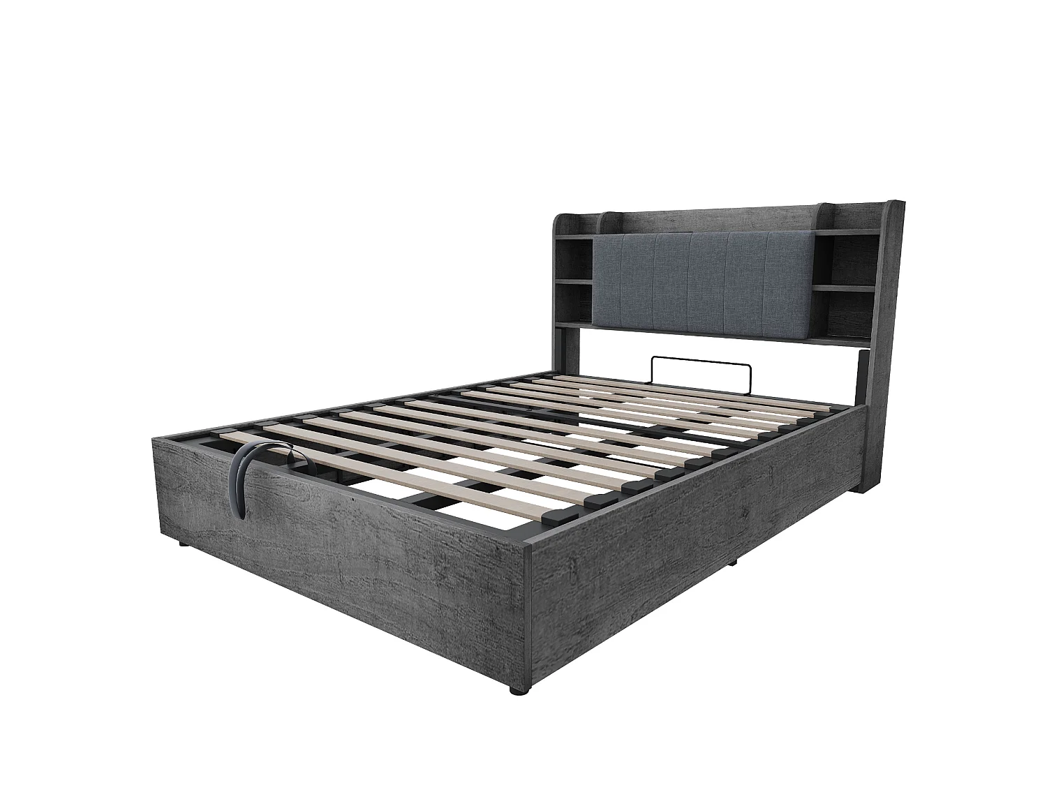 Letto contenitore 180x200 cm con sollevamento idraulico, testiera con porte USB e Type-C, in legno, grigio, materasso non incluso