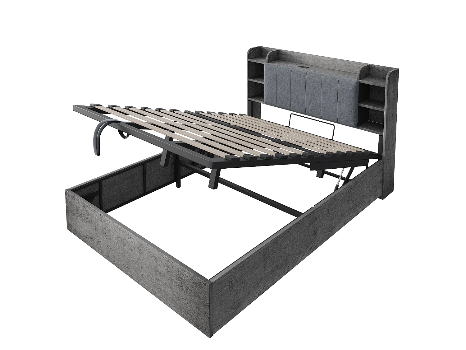 Letto contenitore 180x200 cm con sollevamento idraulico, testiera con porte USB e Type-C, in legno, grigio, materasso non incluso