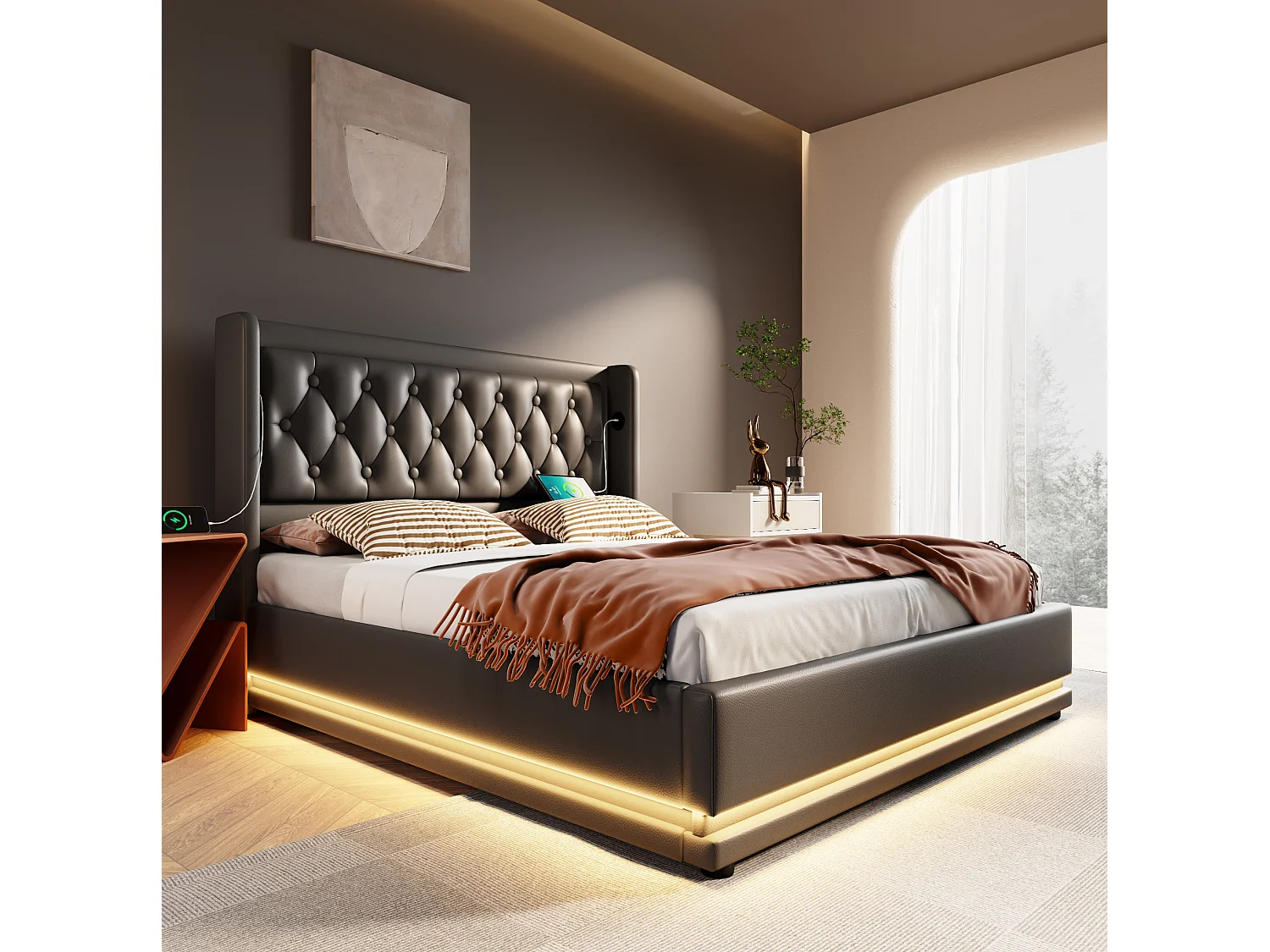 Lit coffre 180x200 cm avec LED, ports USB et Type-C, en similicuir, noir, sans matelas