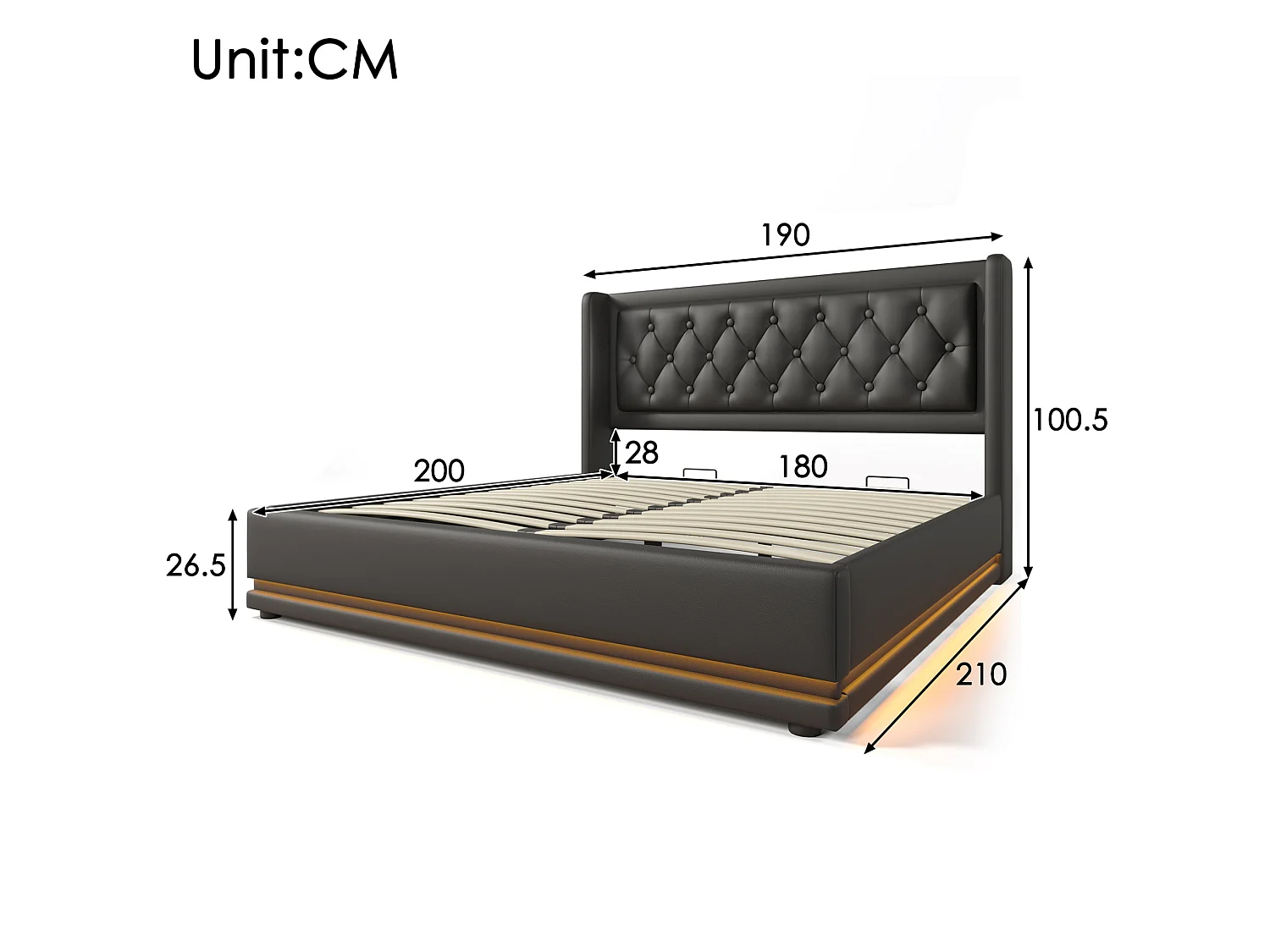Lit coffre 180x200 cm avec LED, ports USB et Type-C, en similicuir, noir, sans matelas