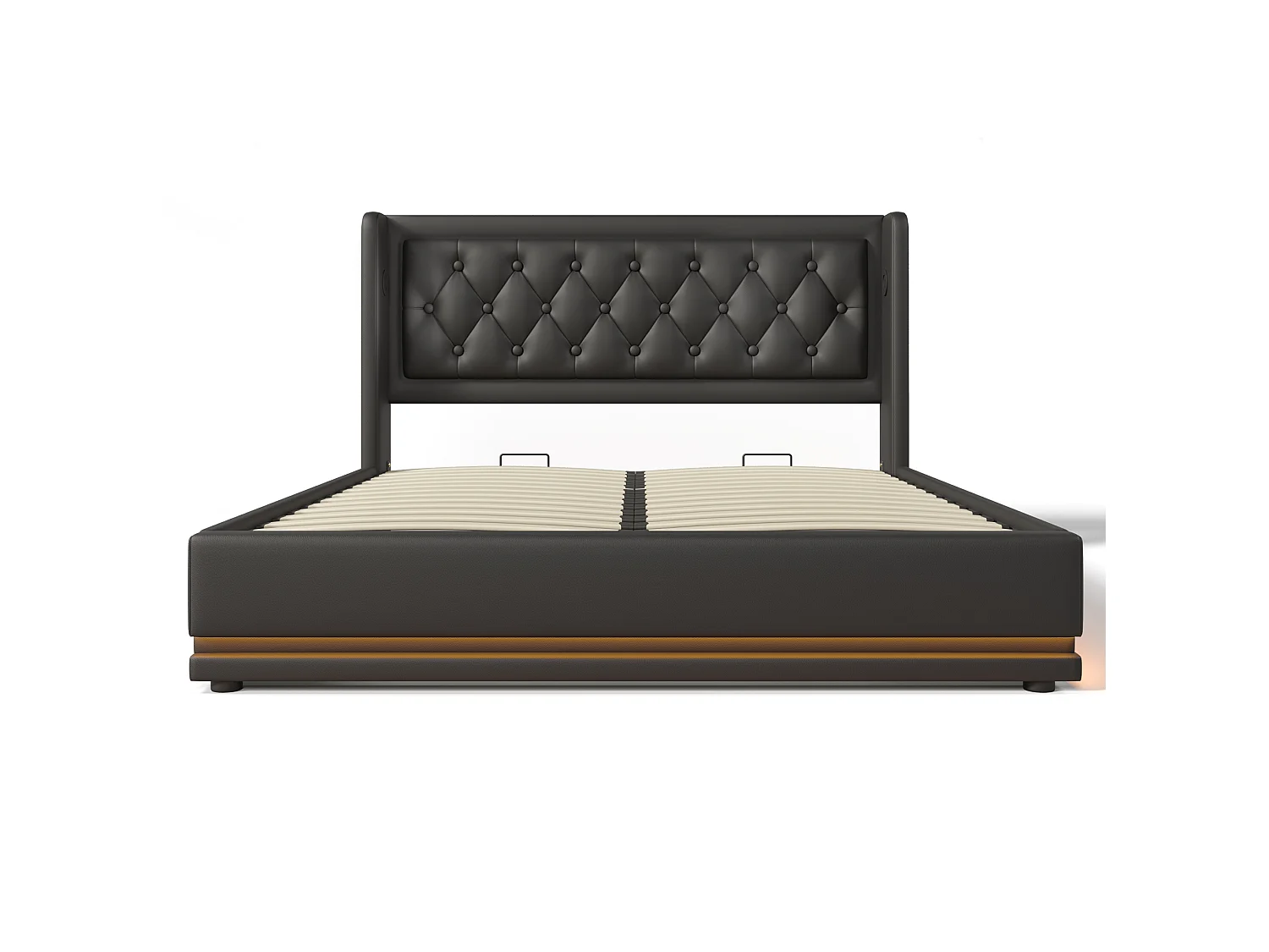 Lit coffre 180x200 cm avec LED, ports USB et Type-C, en similicuir, noir, sans matelas