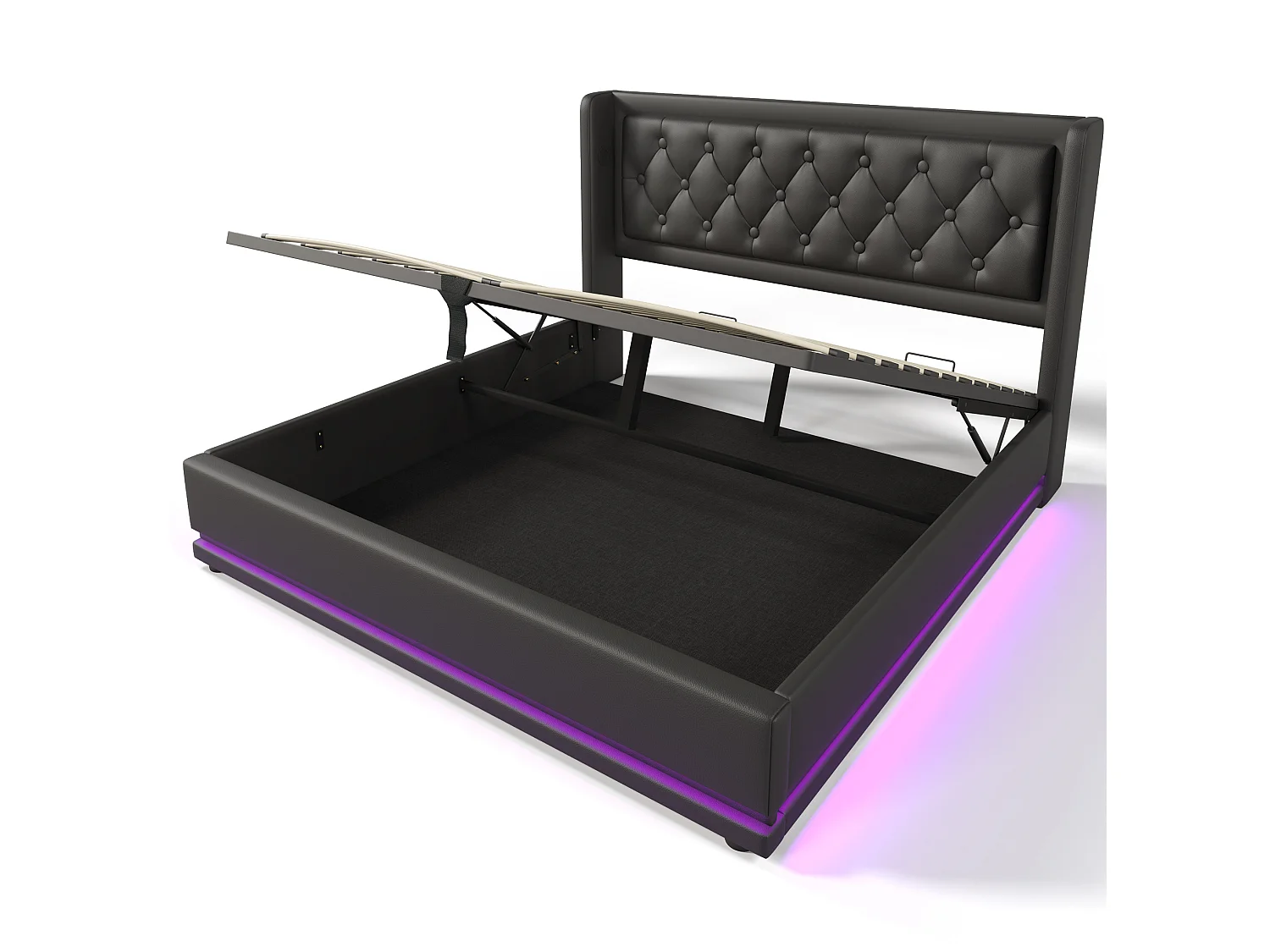 Lit coffre 180x200 cm avec LED, ports USB et Type-C, en similicuir, noir, sans matelas