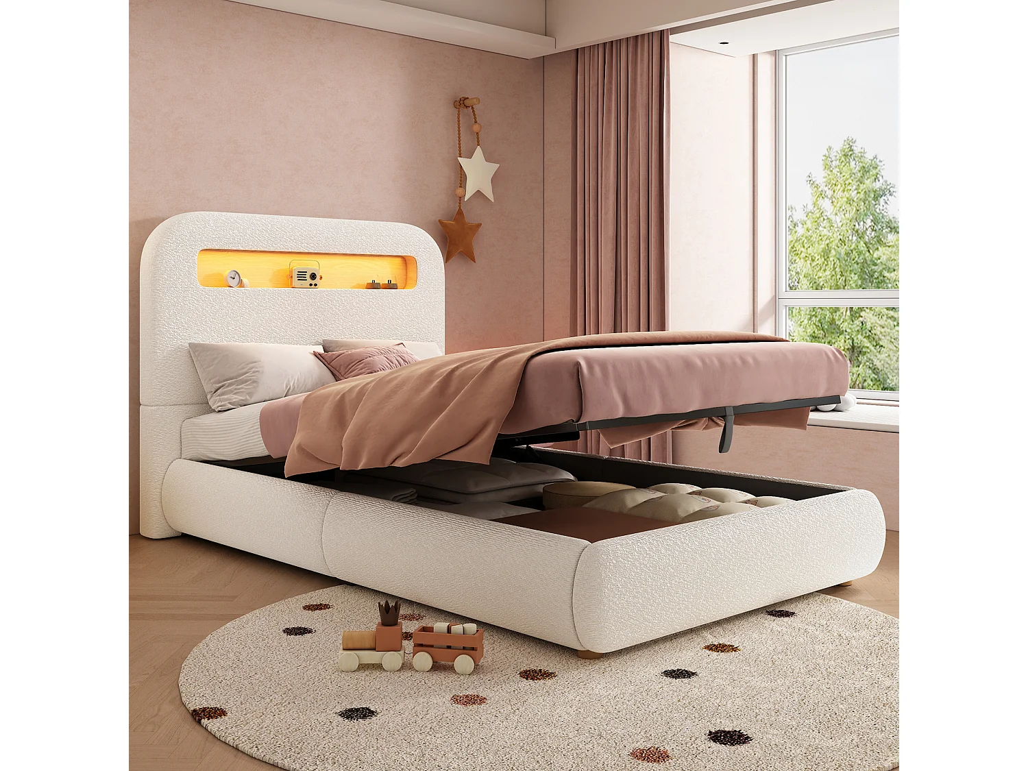 Letto contenitore per bambini 90x200 cm con sollevamento idraulico, testiera con LED, in tessuto, bianco, materasso non incluso