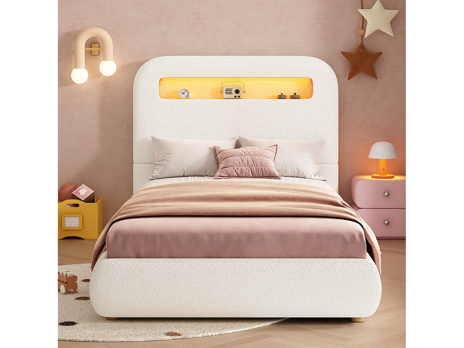 Letto contenitore per bambini 90x200 cm con sollevamento idraulico, testiera con LED, in tessuto, bianco, materasso non incluso