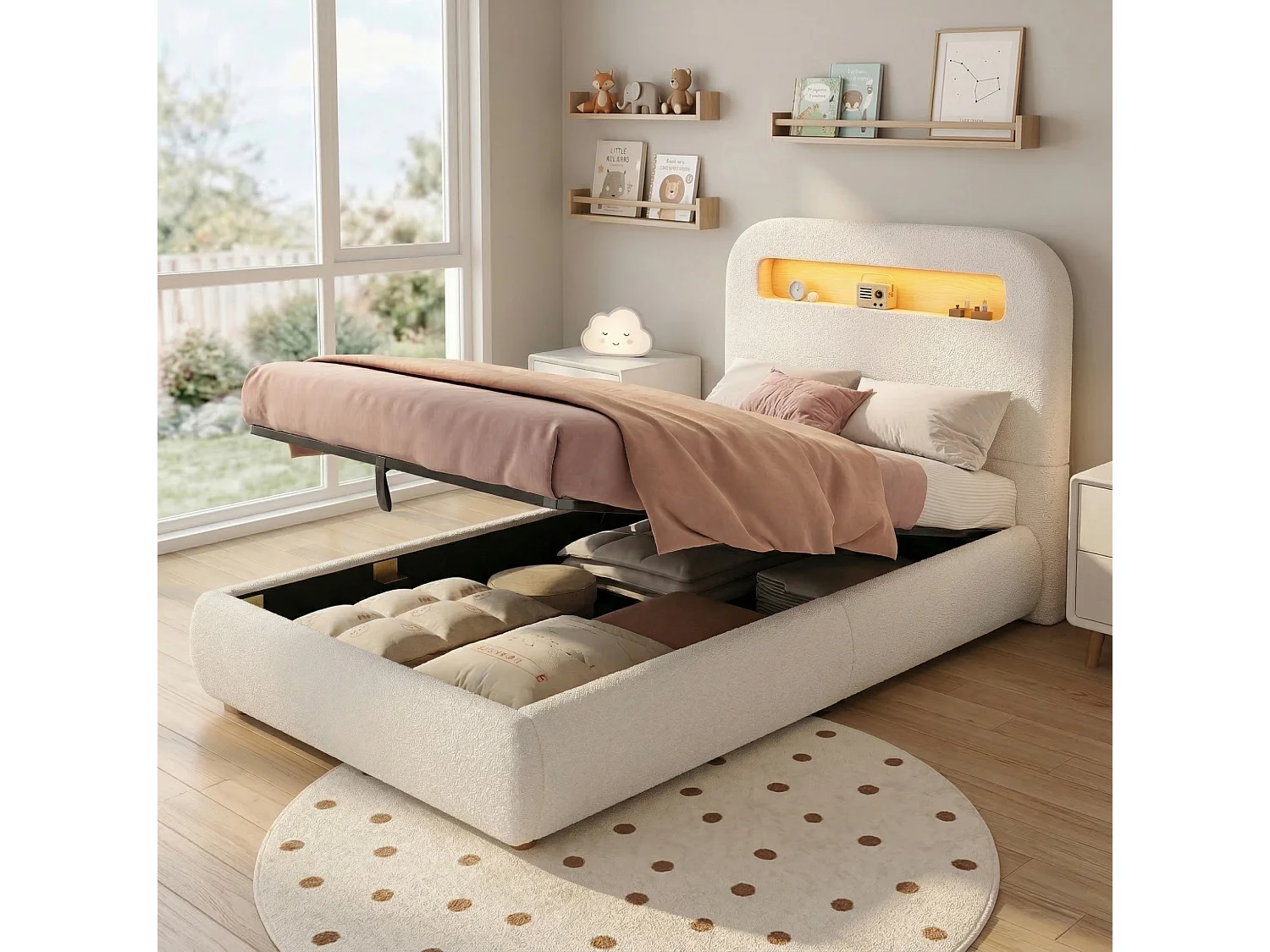 Letto contenitore per bambini 90x200 cm con sollevamento idraulico, testiera con LED, in tessuto, bianco, materasso non incluso