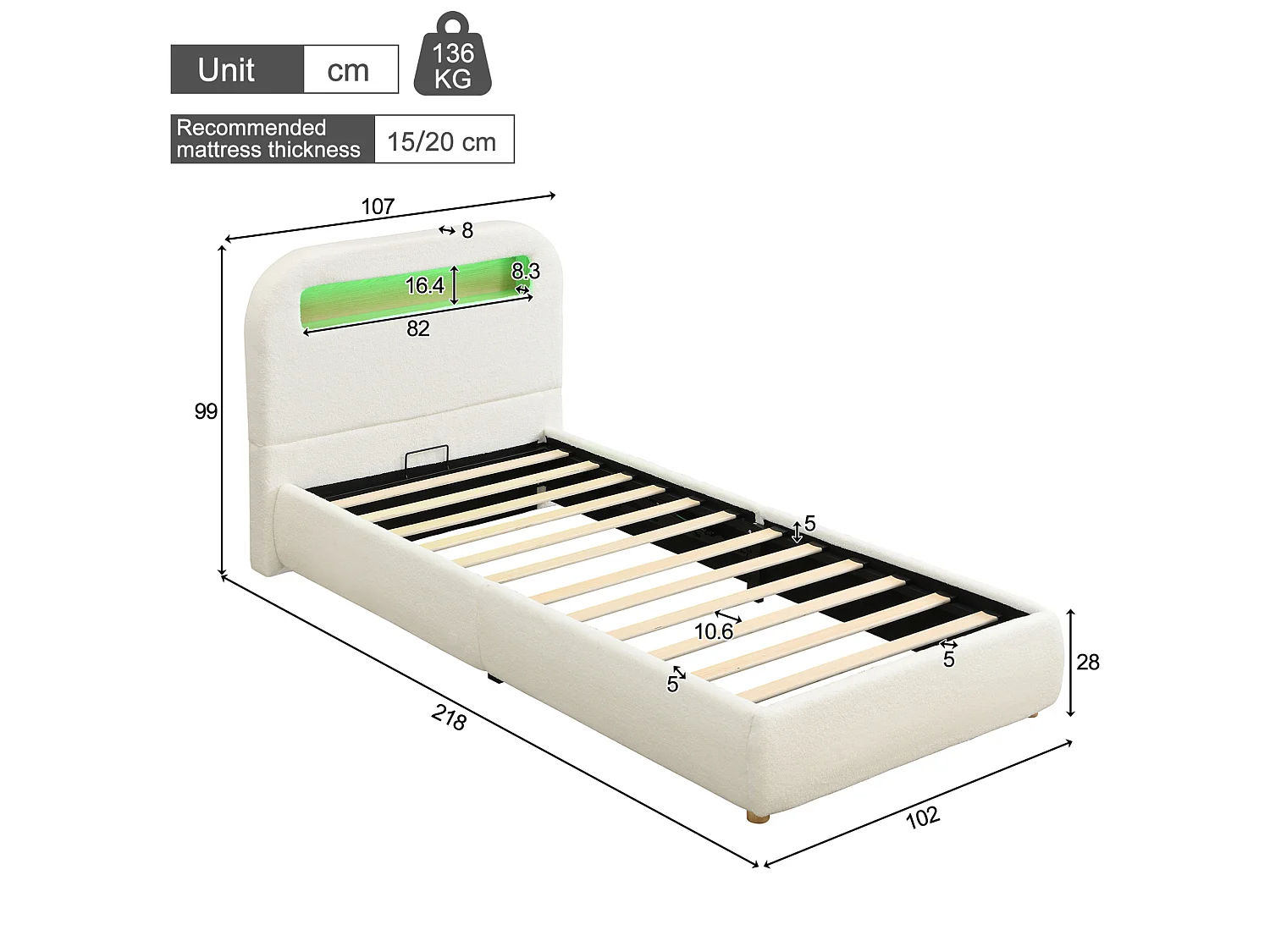 Letto contenitore per bambini 90x200 cm con sollevamento idraulico, testiera con LED, in tessuto, bianco, materasso non incluso