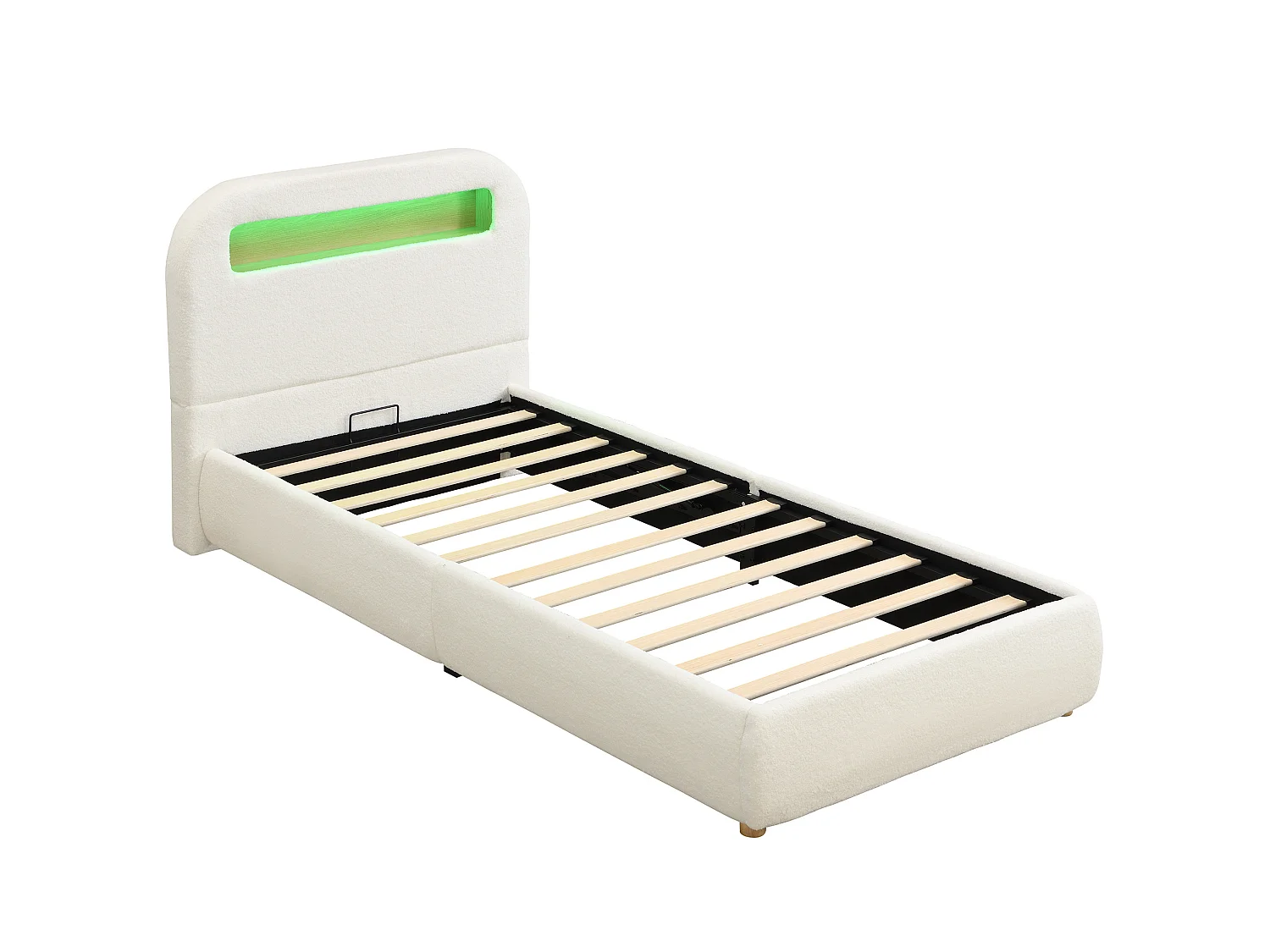 Letto contenitore per bambini 90x200 cm con sollevamento idraulico, testiera con LED, in tessuto, bianco, materasso non incluso