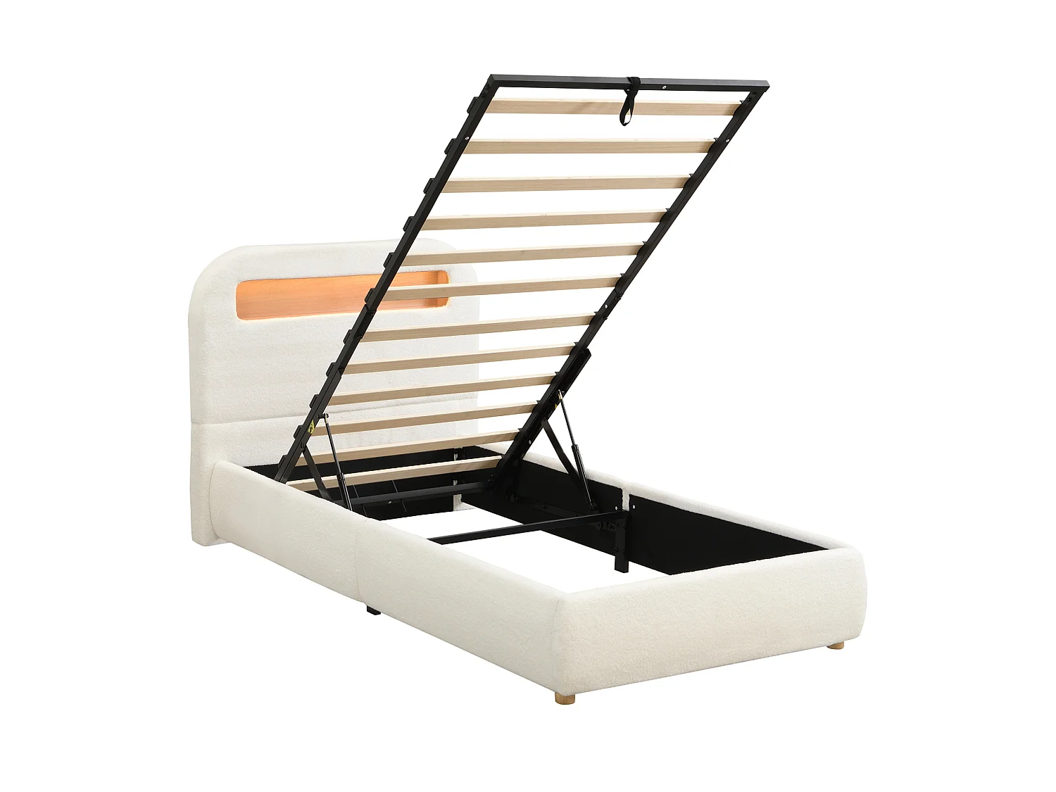 Letto contenitore per bambini 90x200 cm con sollevamento idraulico, testiera con LED, in tessuto, bianco, materasso non incluso