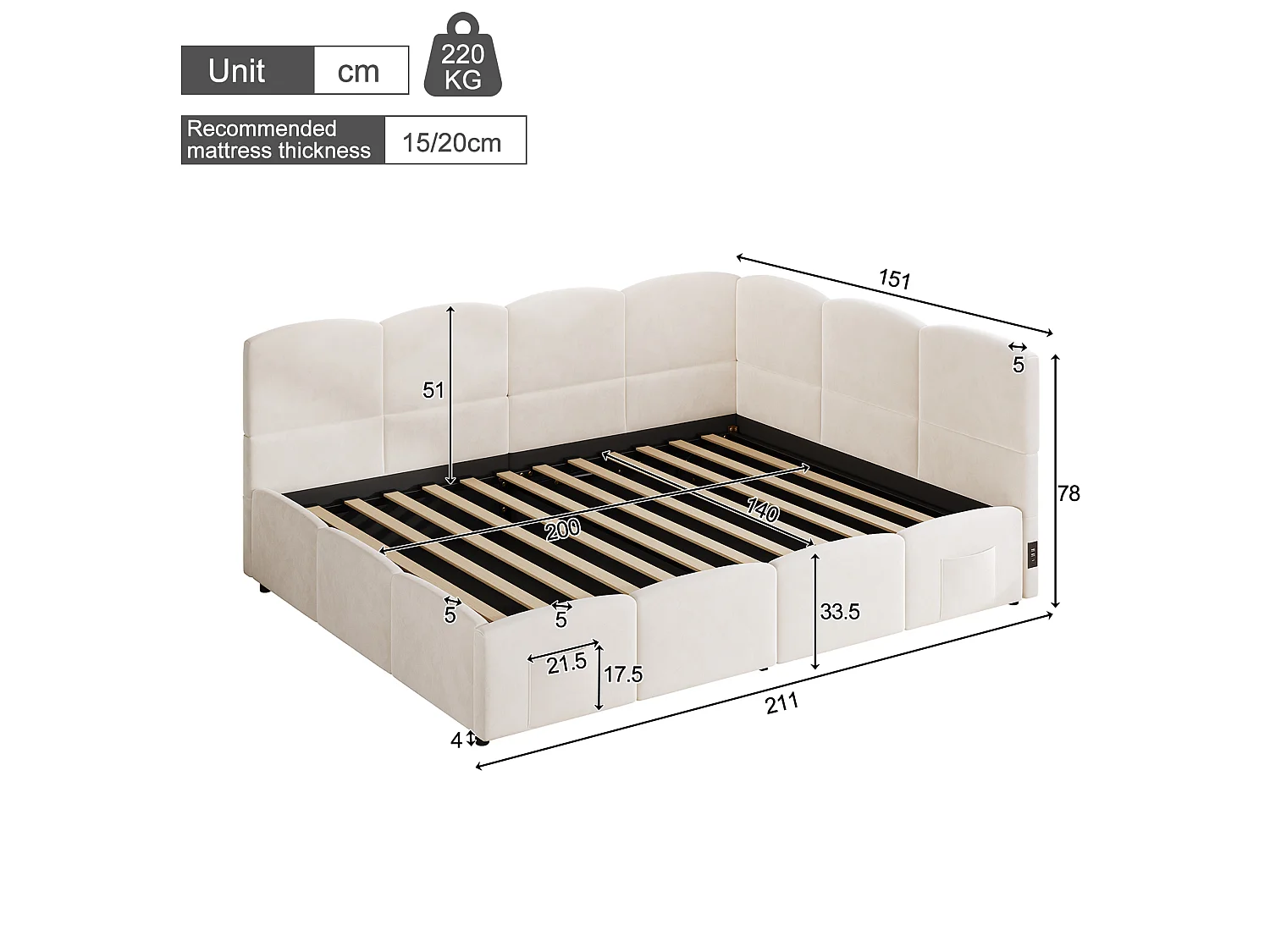 Lit coffre 140x200 cm avec rangement hydraulique et ports USB et Type-C, en velours, beige, sans matelas