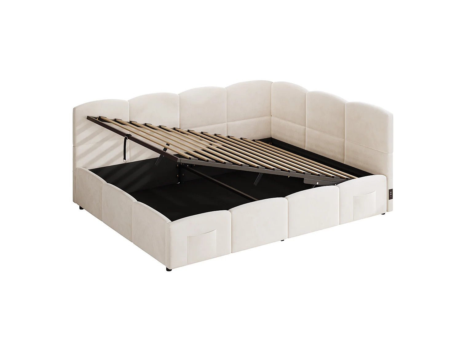 Lit coffre 140x200 cm avec rangement hydraulique et ports USB et Type-C, en velours, beige, sans matelas