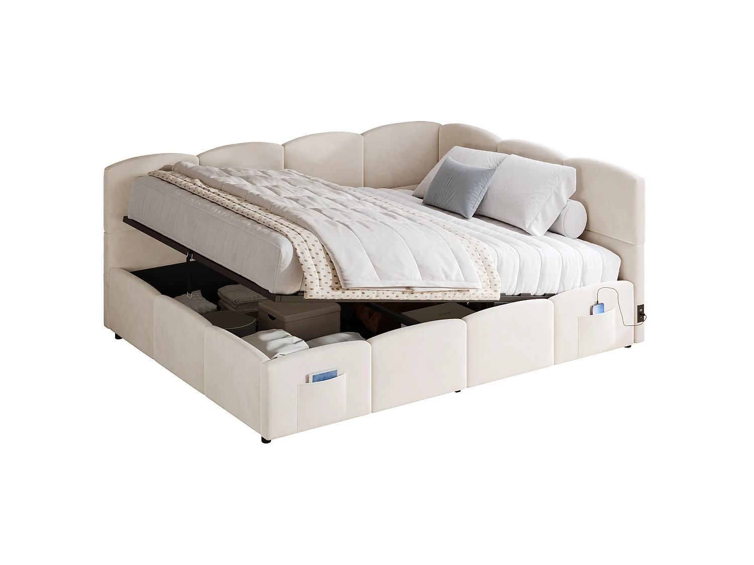 Lit coffre 140x200 cm avec rangement hydraulique et ports USB et Type-C, en velours, beige, sans matelas