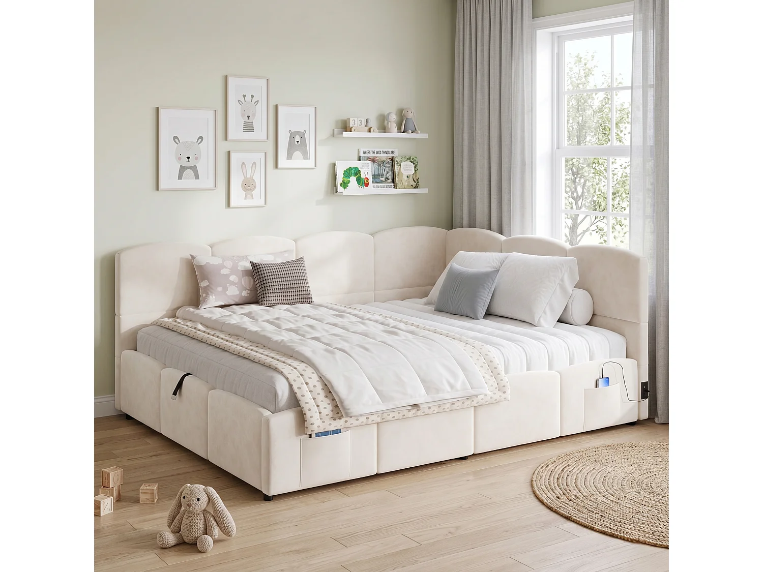 Lit coffre 140x200 cm avec rangement hydraulique et ports USB et Type-C, en velours, beige, sans matelas