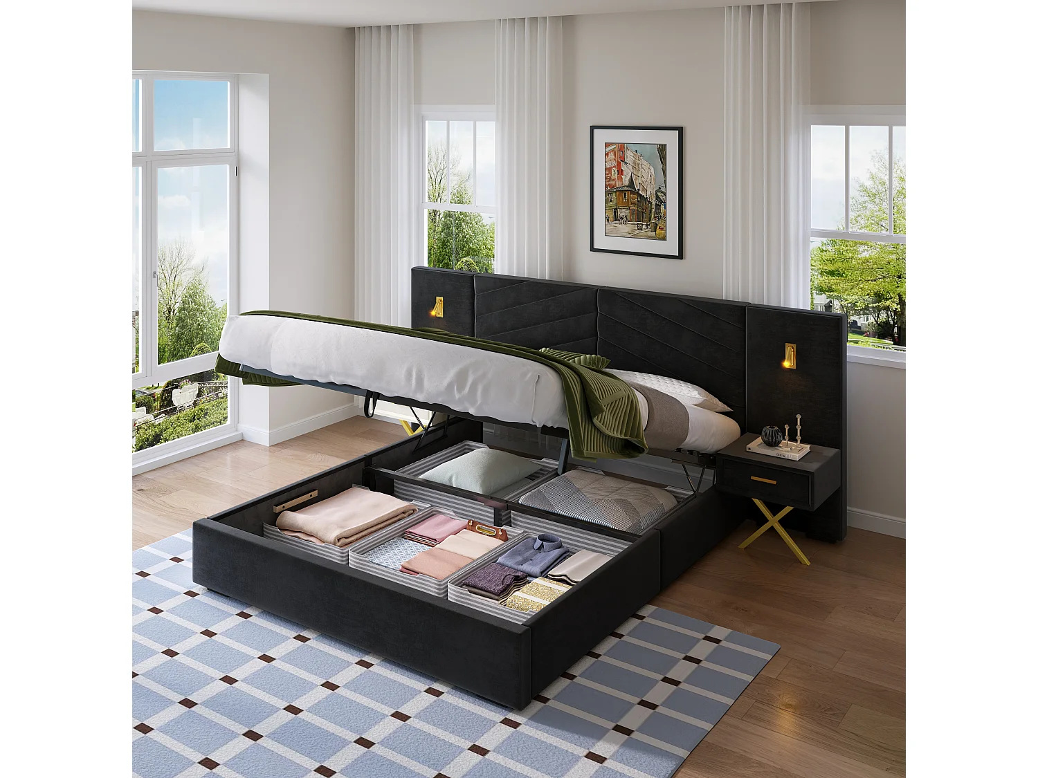 Lit coffre 160x200 cm avec 2 tables de chevet, LED et cadre de lit réglable, en bois, noir, sans matelas