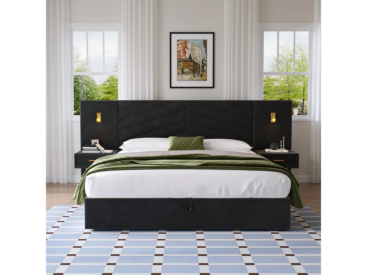 Lit coffre 160x200 cm avec 2 tables de chevet, LED et cadre de lit réglable, en bois, noir, sans matelas