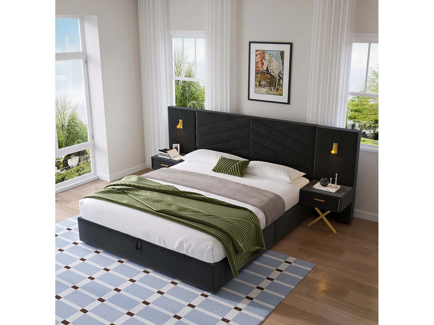 Lit coffre 160x200 cm avec 2 tables de chevet, LED et cadre de lit réglable, en bois, noir, sans matelas