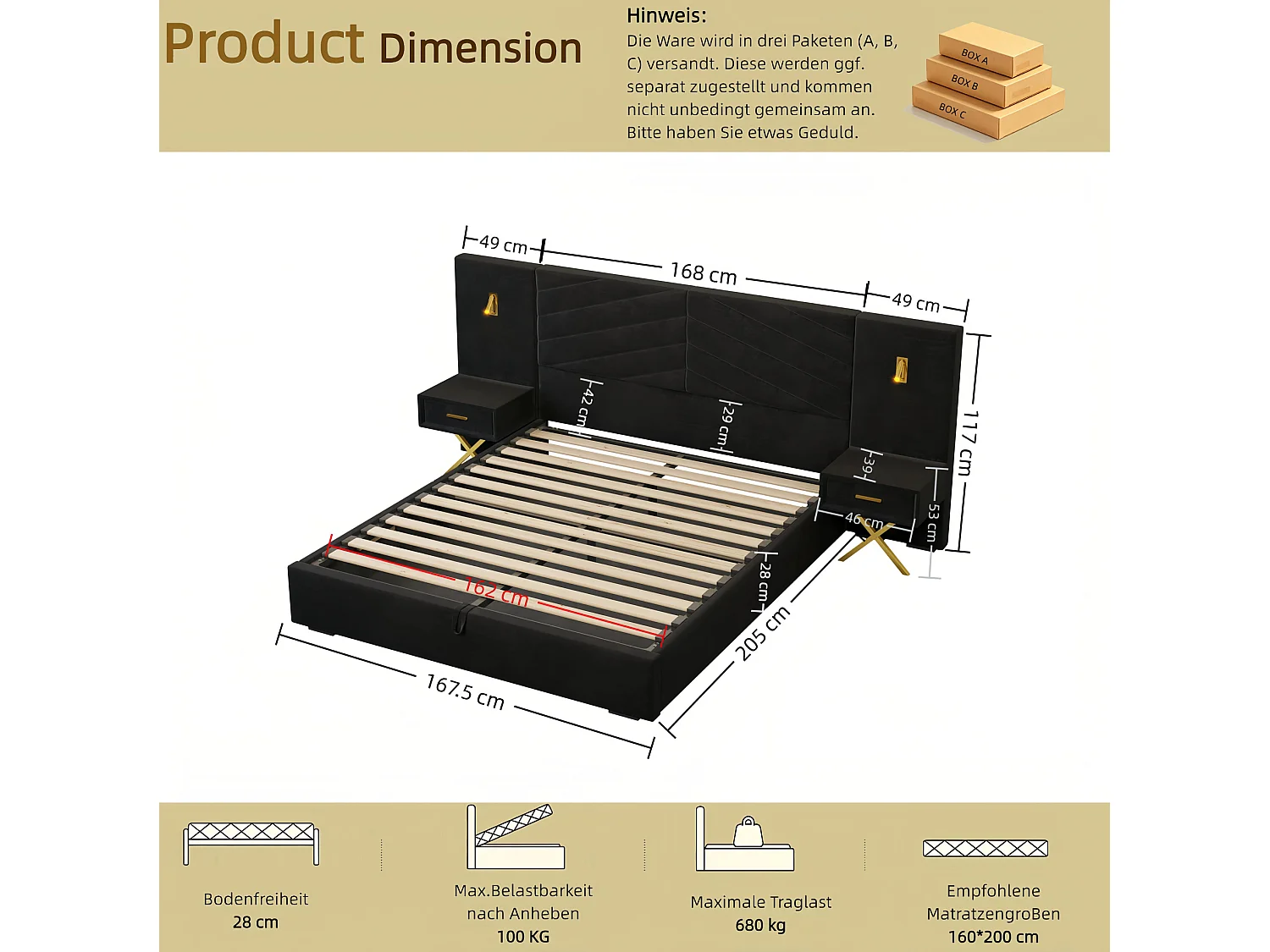 Lit coffre 160x200 cm avec 2 tables de chevet, LED et cadre de lit réglable, en bois, noir, sans matelas