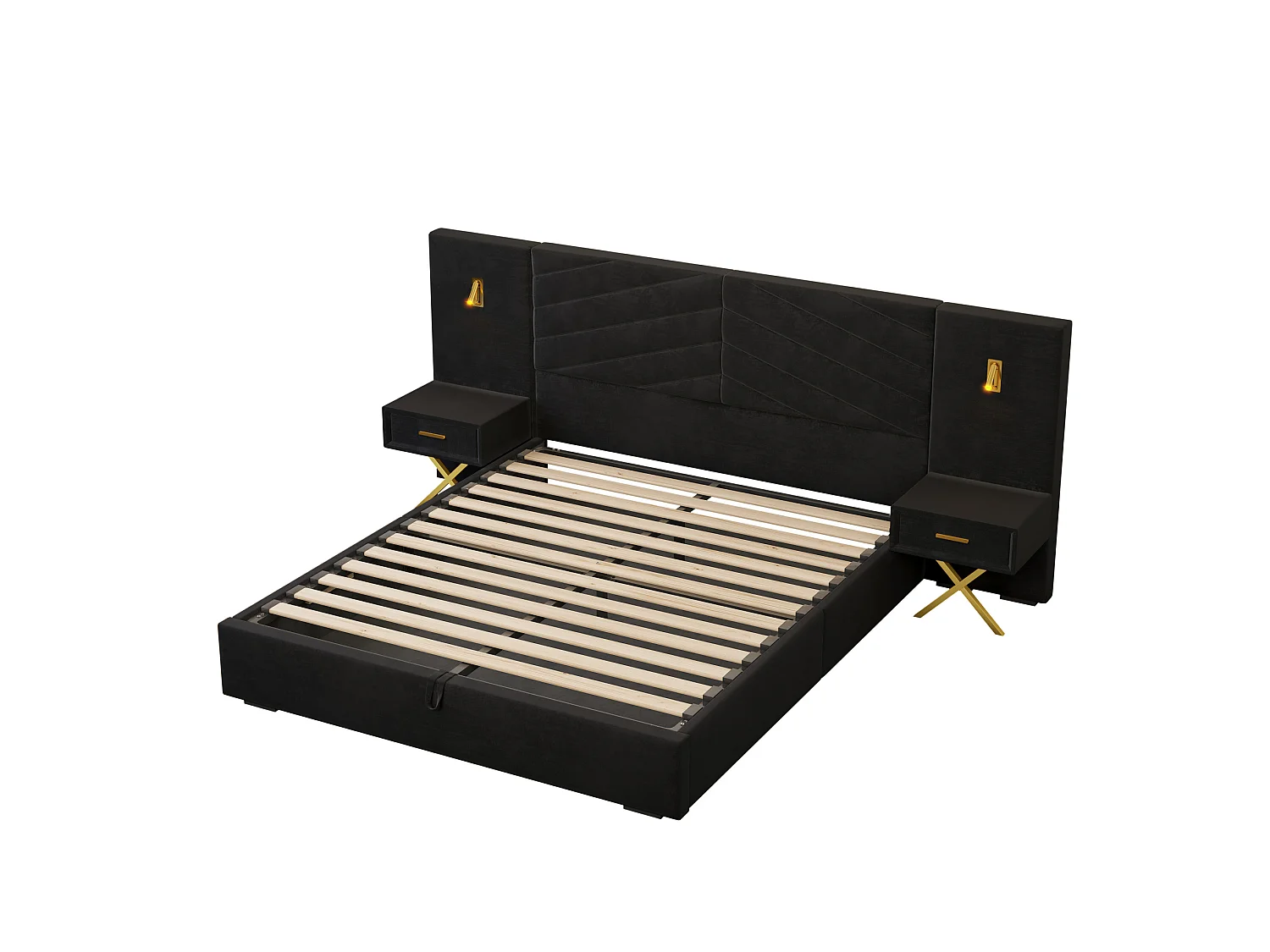Lit coffre 160x200 cm avec 2 tables de chevet, LED et cadre de lit réglable, en bois, noir, sans matelas
