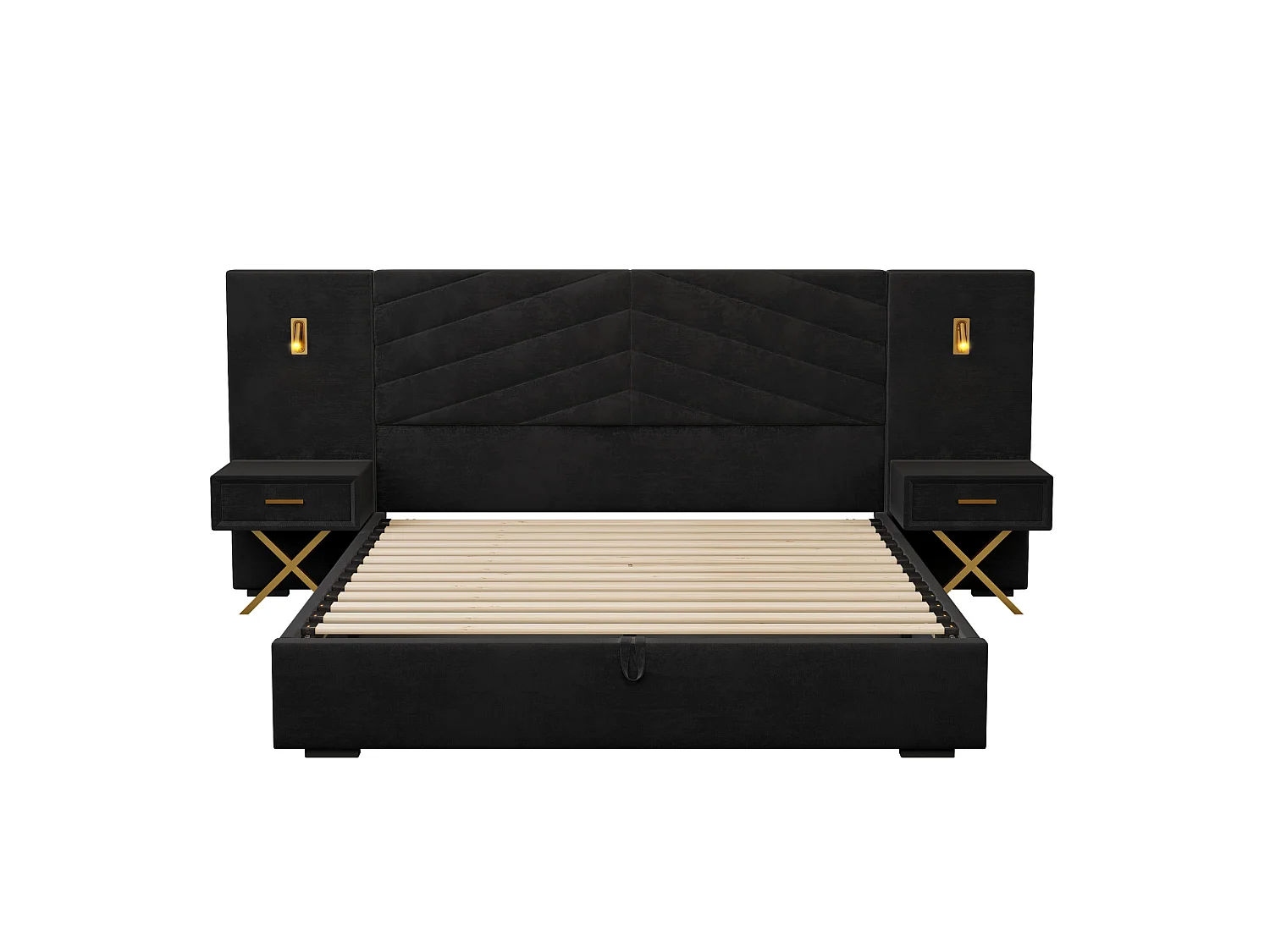 Lit coffre 160x200 cm avec 2 tables de chevet, LED et cadre de lit réglable, en bois, noir, sans matelas